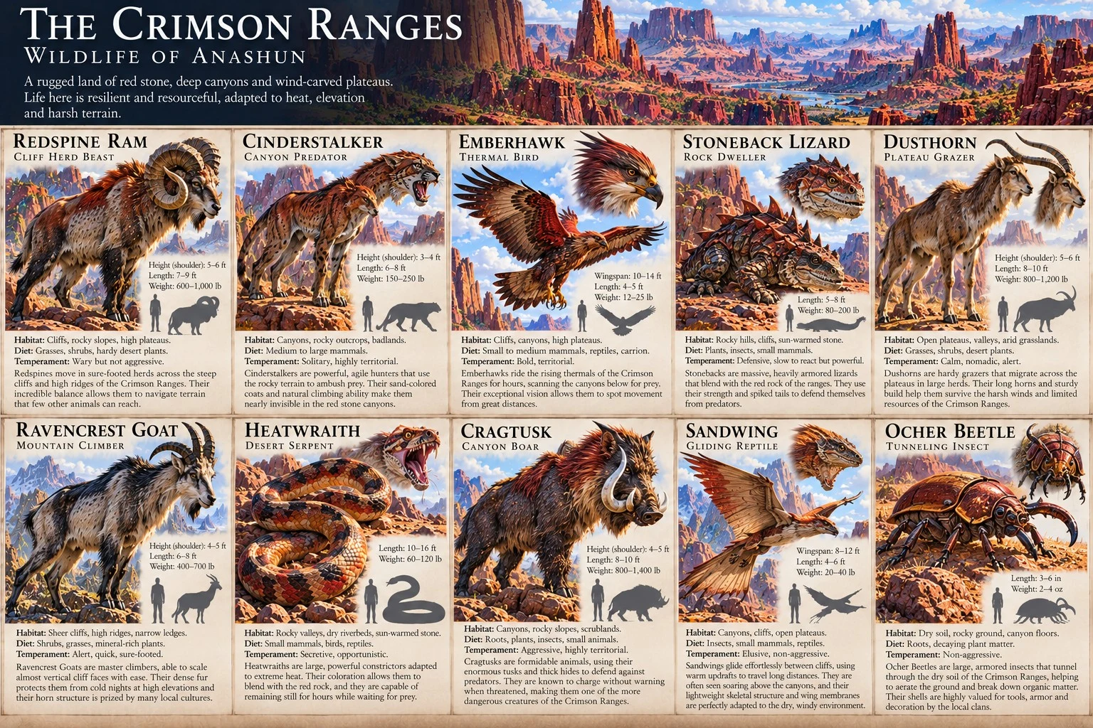 Wildlife reference sheet for the Crimson Ranges of Anashun, showing creatures of red mountain ranges, with anatomical details, size comparisons, and habitat notes.
