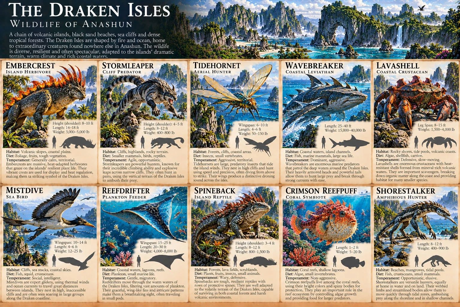 Wildlife reference sheet showing creatures of the Draken Isles, with anatomical studies, size comparisons, and habitat notes.