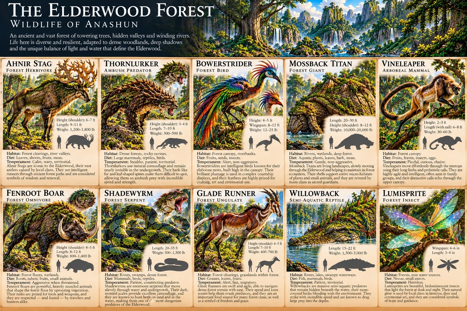 Wildlife reference sheet showing forest creatures of the Elderwood, with anatomical studies, size comparisons, and habitat notes.