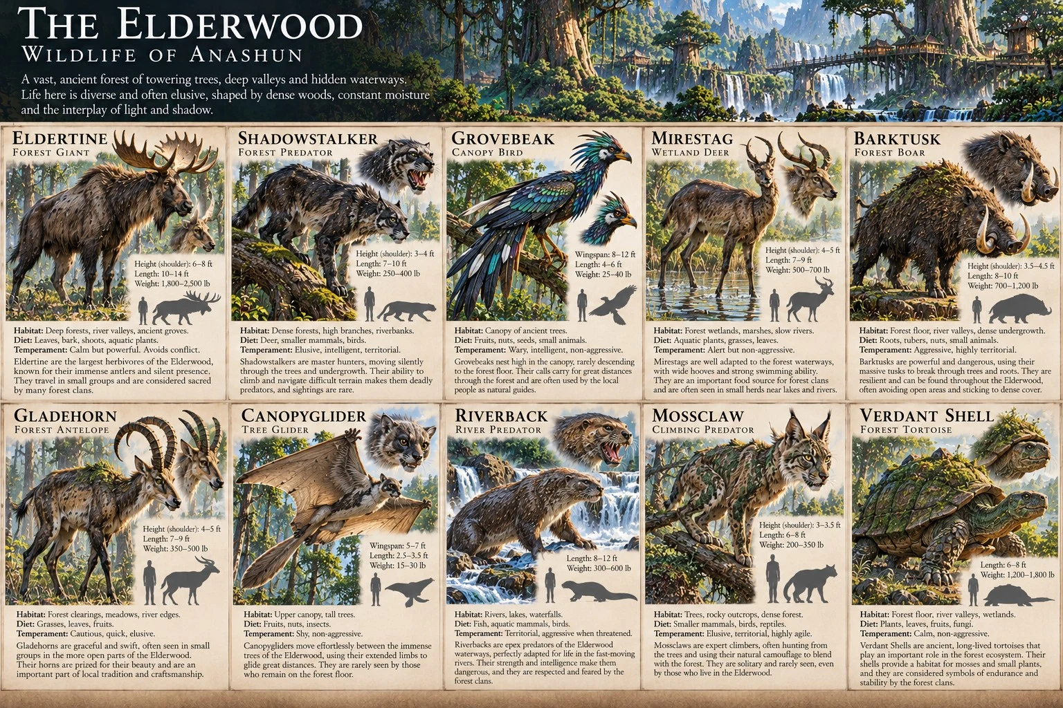Wildlife reference sheet for the Elderwood of Anashun, showing creatures of woodland habitats, with anatomical details, size comparisons, and habitat notes.