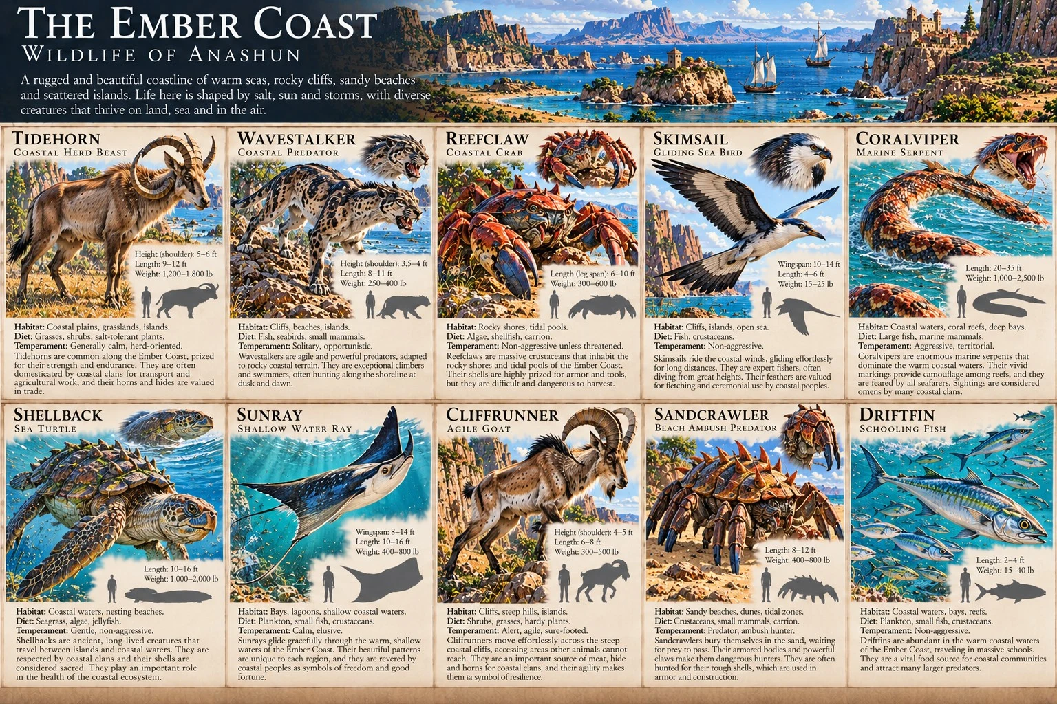 Wildlife reference sheet for the Ember Coast of Anashun, showing creatures of warm coastal habitats, with anatomical details, size comparisons, and habitat notes.