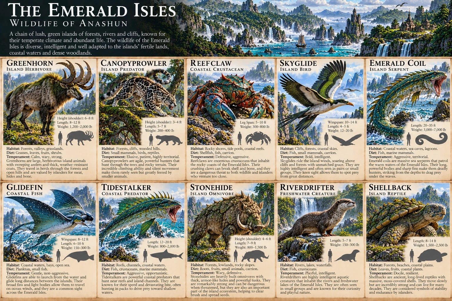 Wildlife reference sheet showing creatures of the Emerald Isles, with anatomical studies, size comparisons, and habitat notes.