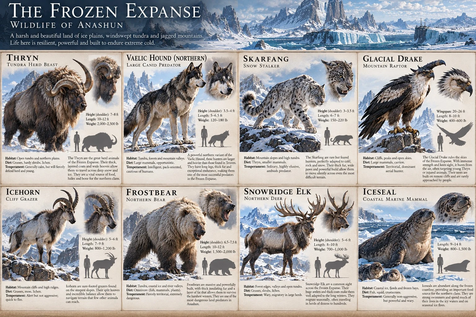 Wildlife reference sheet for the Frozen Expanse of Anashun, showing creatures of ice plains, tundra, mountains, and frozen coasts, with anatomical details, size comparisons, and habitat notes.