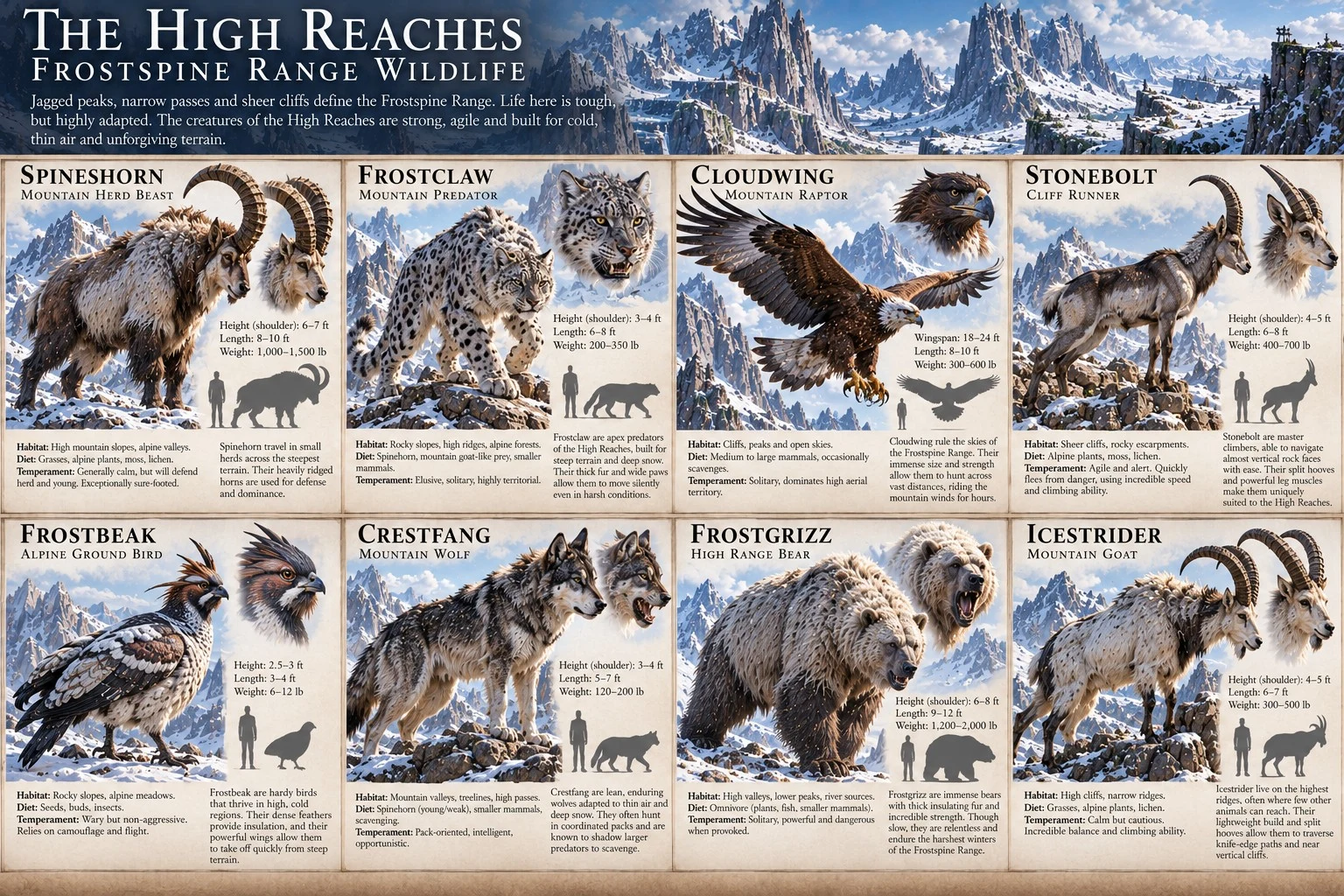 Wildlife reference sheet for the High Reaches of Anashun, showing creatures of high mountain habitats, with anatomical details, size comparisons, and habitat notes.