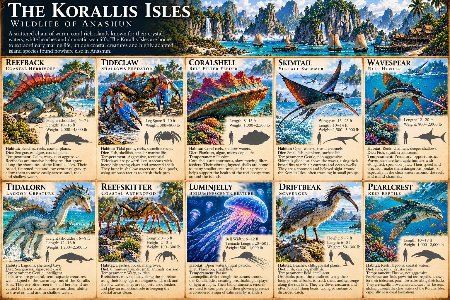 Alternate Korallis Isles wildlife sheet showing coastal and reef creatures, including Tidalorn, with size comparisons and habitat notes.