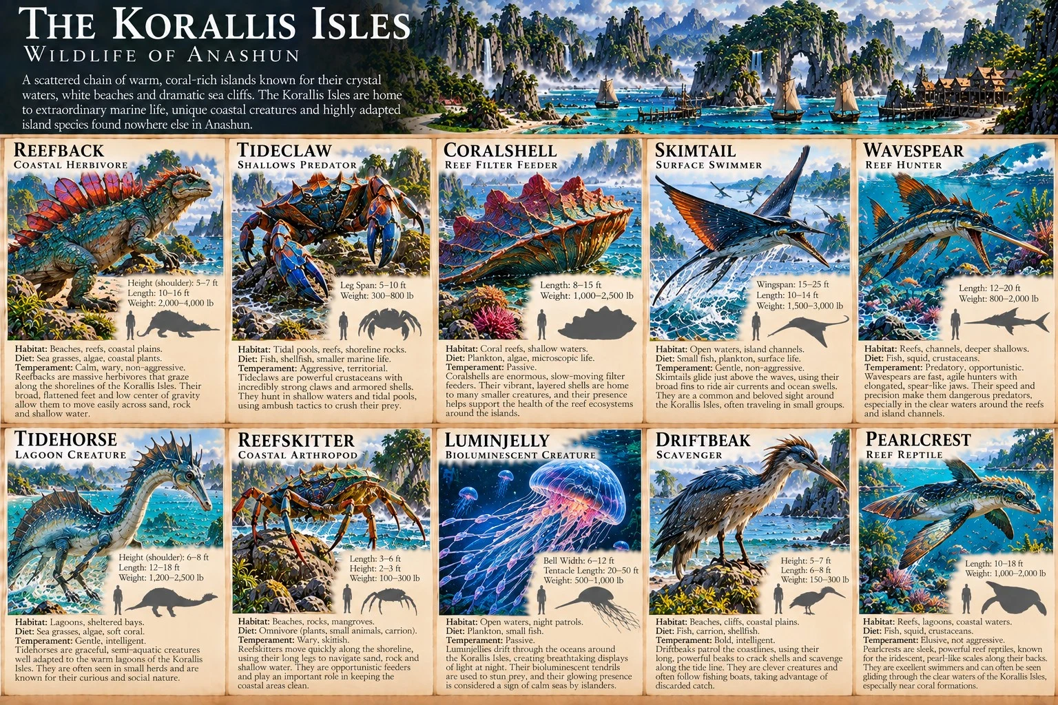 Wildlife reference sheet showing reef and coastal creatures of the Korallis Isles, with size comparisons and habitat notes.