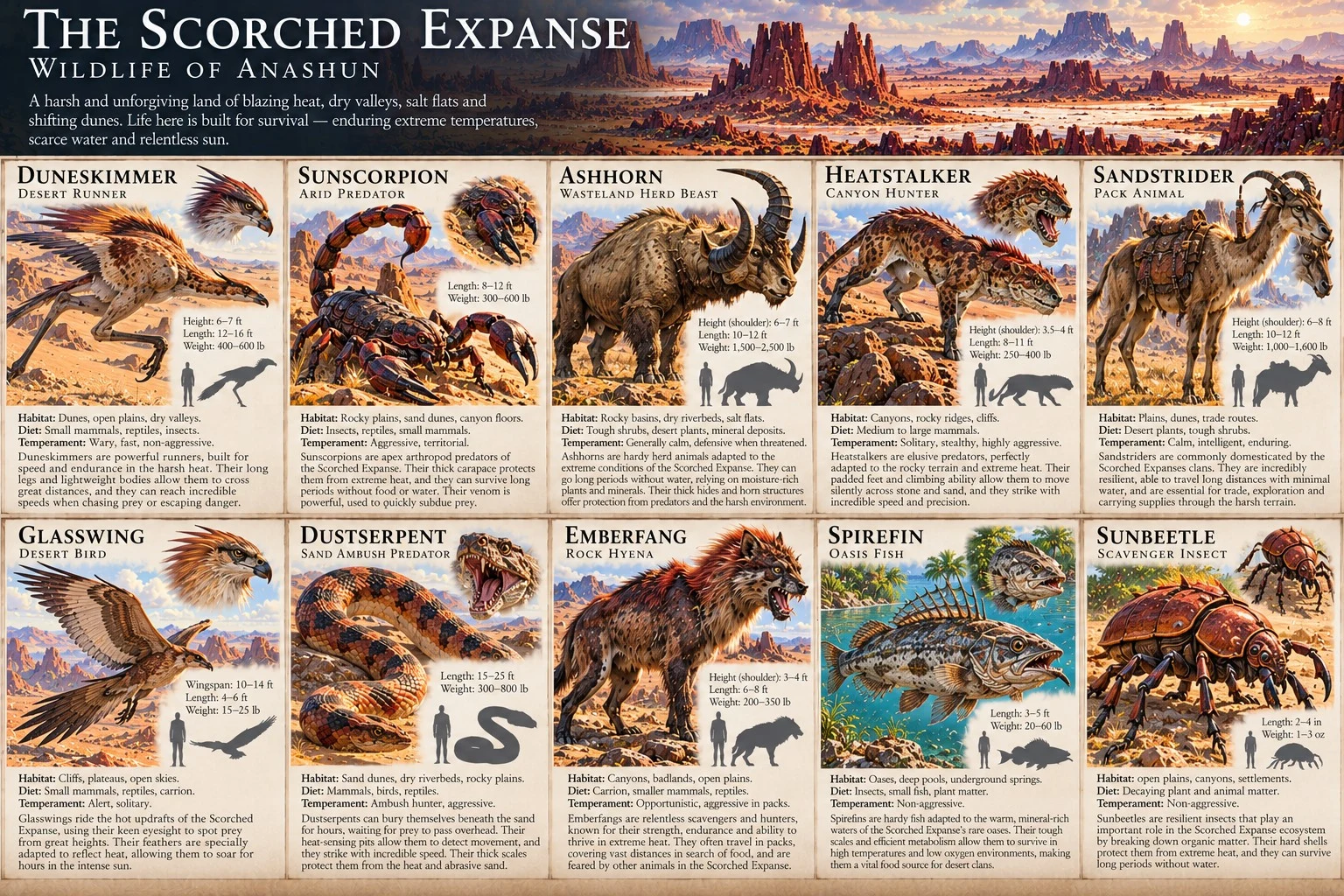 Wildlife reference sheet for the Scorched Expanse of Anashun, showing creatures of desert habitats, with anatomical details, size comparisons, and habitat notes.