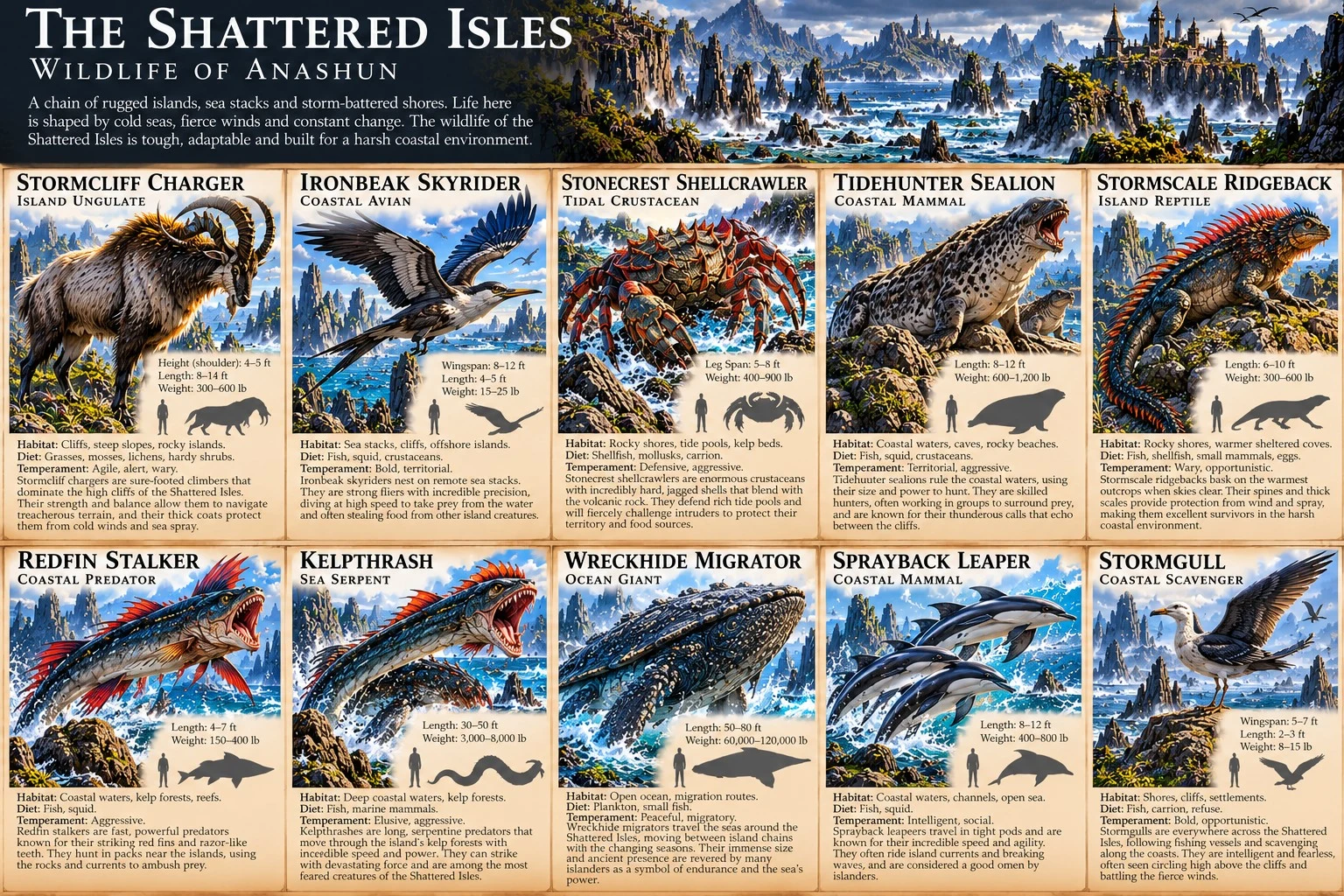 Wildlife reference sheet showing coastal and marine creatures of the Shattered Isles, with size comparisons and habitat notes.