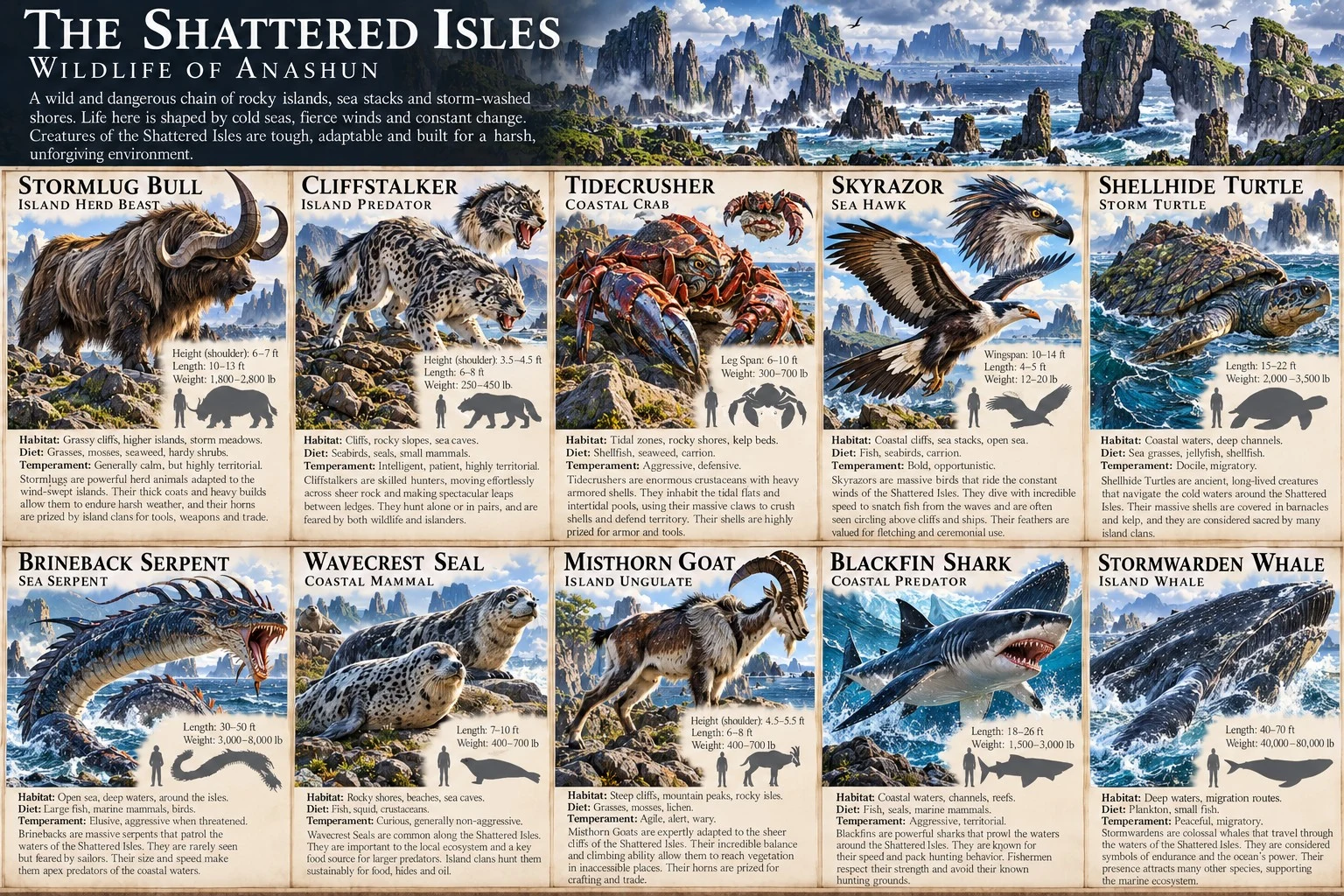 Island wildlife reference sheet showing coastal and island creatures, anatomical studies, size comparisons, and habitat notes.