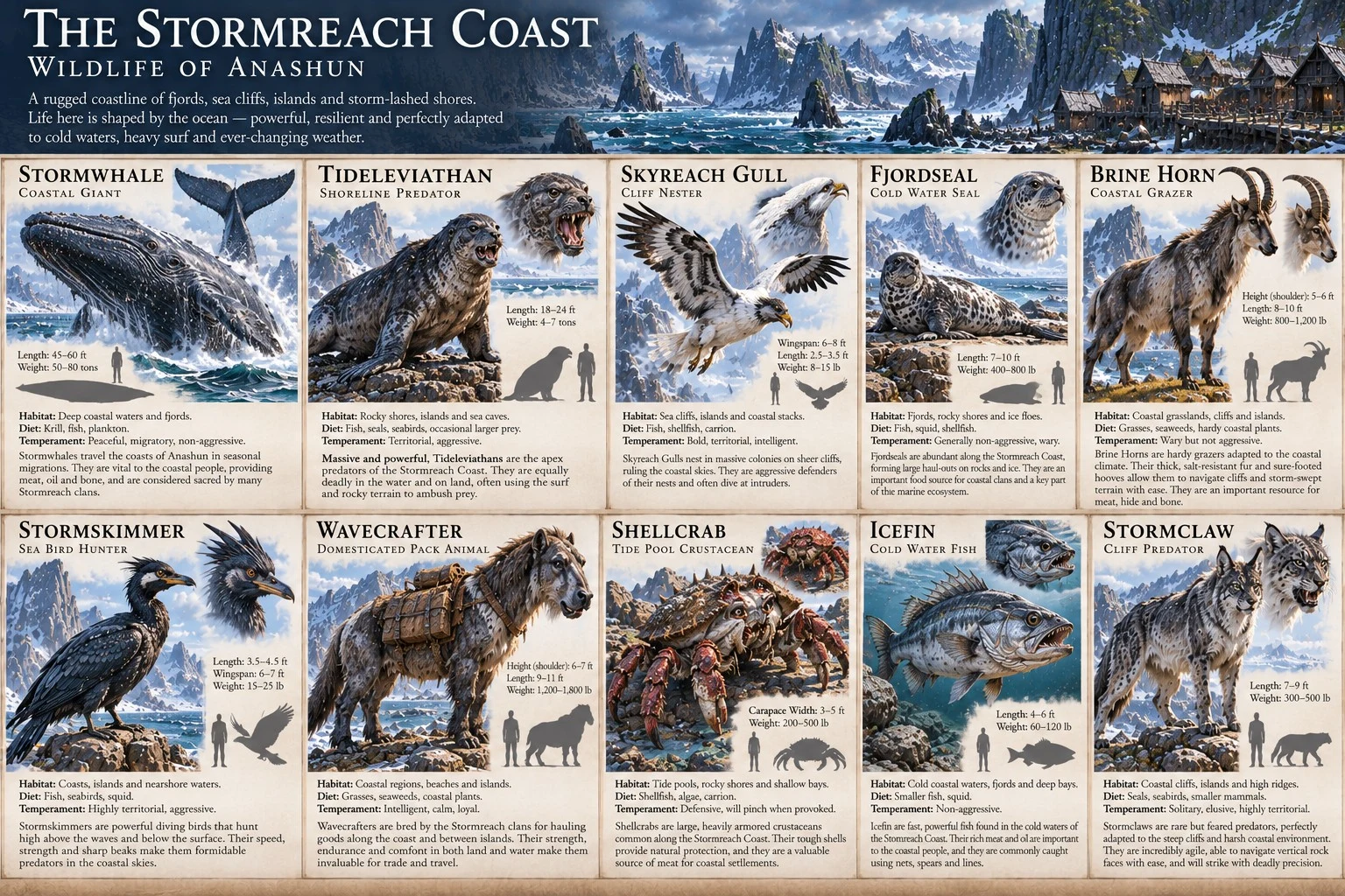 Wildlife reference sheet for the Stormreach Coast of Anashun, showing creatures of stormy coastal habitats, with anatomical details, size comparisons, and habitat notes.