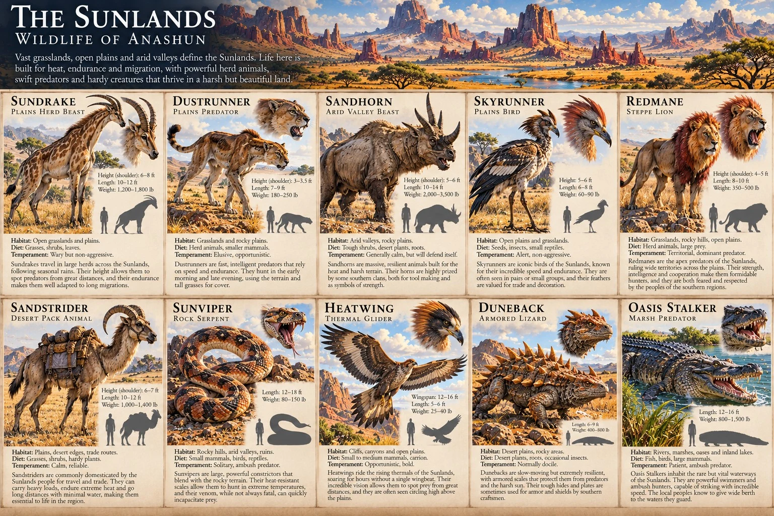 Wildlife reference sheet for the Sunlands of Anashun, showing creatures of sunlit plains and dry habitats, with anatomical details, size comparisons, and habitat notes.