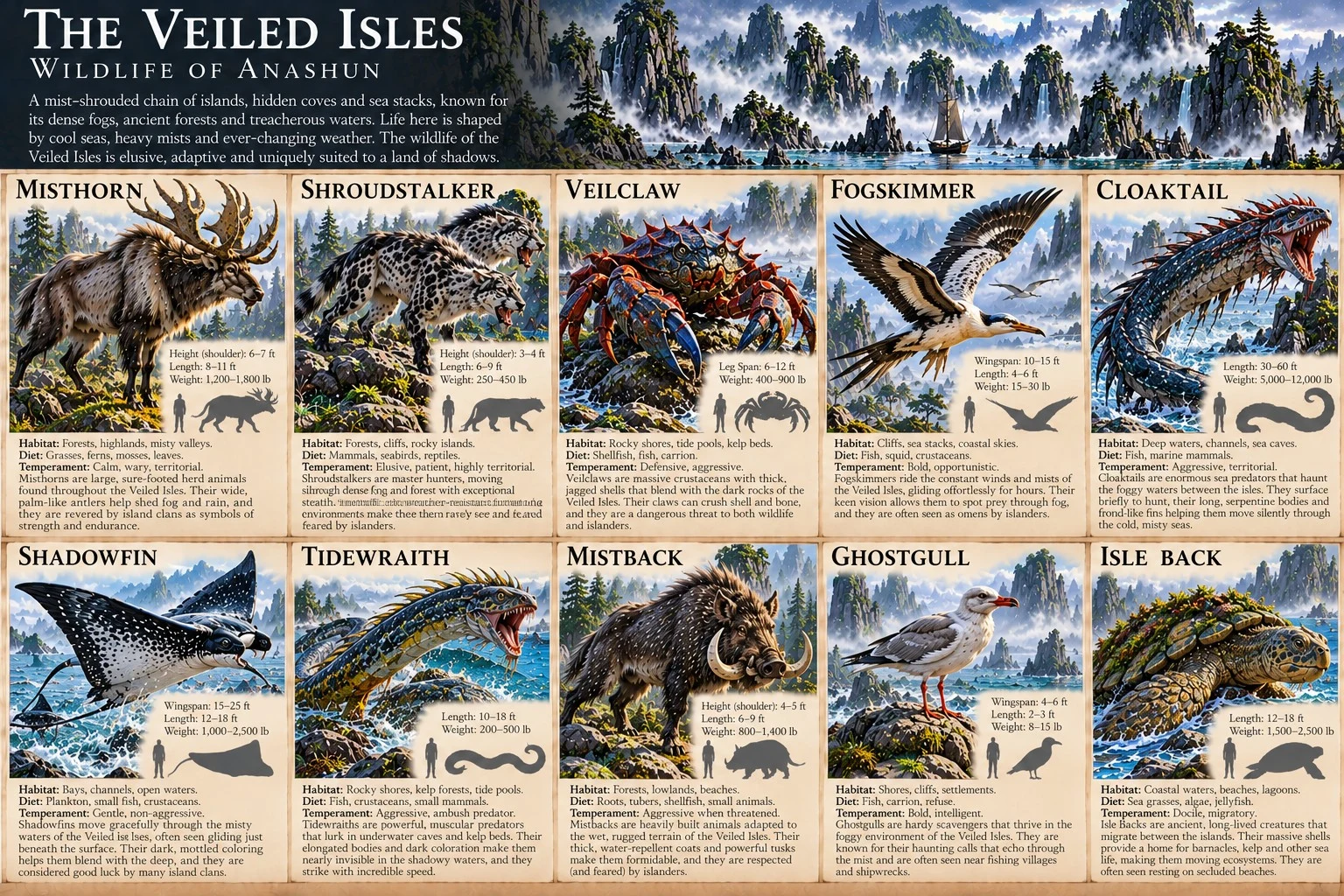 Wildlife reference sheet showing creatures of the misty Veiled Isles, with anatomical studies, size comparisons, and habitat notes.