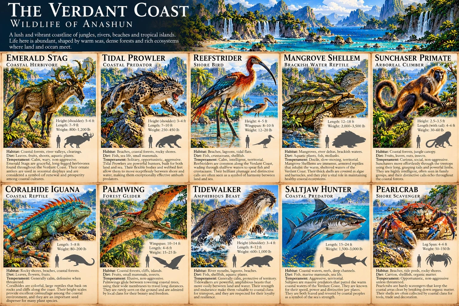 Alternate Verdant Coast wildlife reference sheet showing coastal creatures, including the Sunchaser Primate and Saltjaw Hunter, with size comparisons and habitat notes.