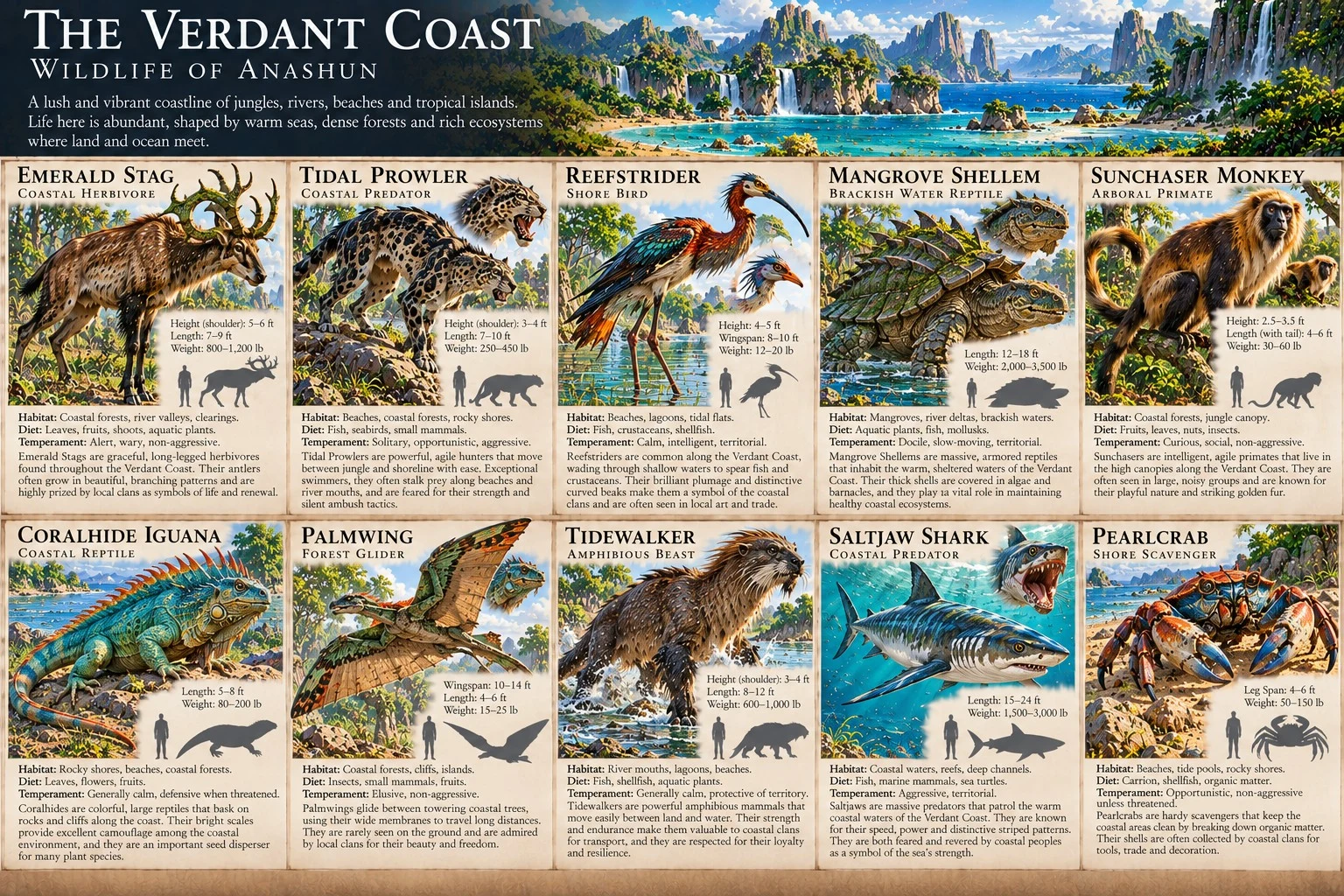 Wildlife reference sheet for the Verdant Coast of Anashun, showing creatures of lush coastal habitats, with anatomical details, size comparisons, and habitat notes.