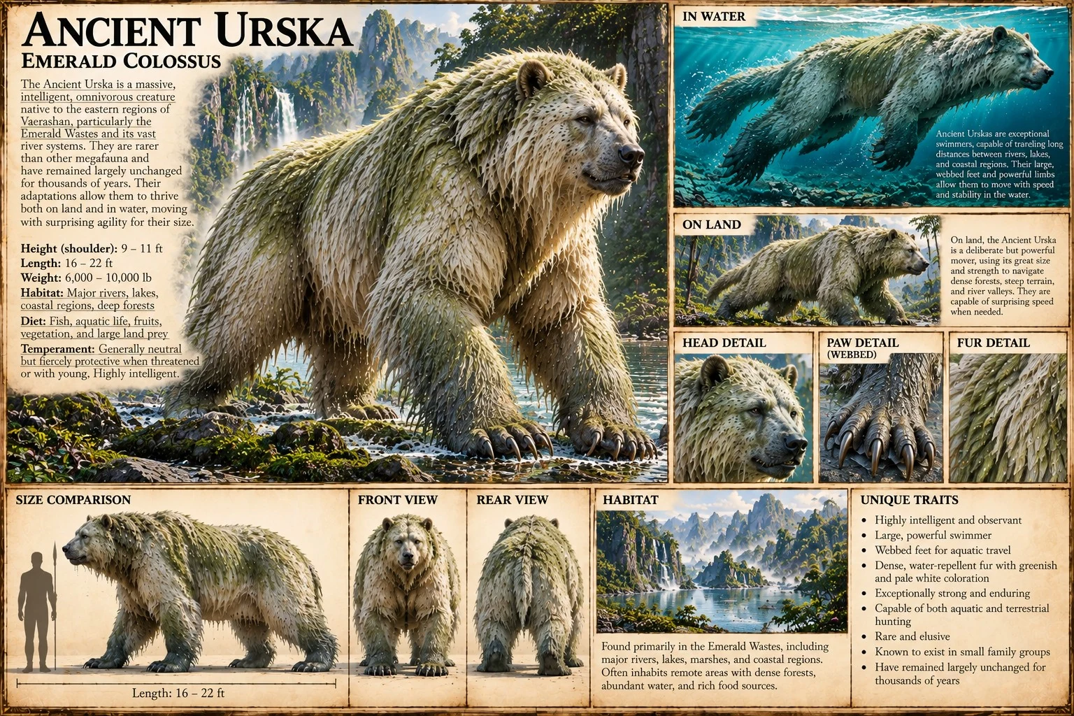 Reference plate showing the Ancient Urska, a massive pale bear-like creature, with swimming, anatomy, habitat, and scale studies.
