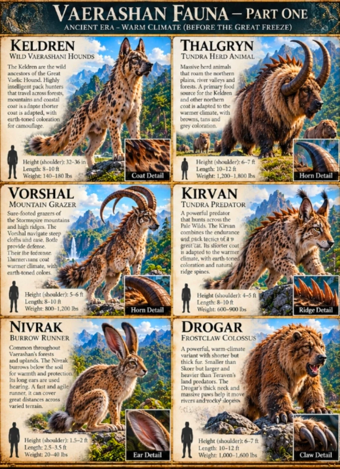Reference sheet showing Keldren, Thalgryn, Vorshal, Kirvan, Nivrak, and Drogar in ancient Vaerashan, with anatomical details and size comparisons.