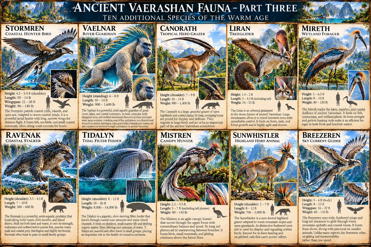 Reference sheet showing ten additional creatures of ancient Vaerashan, including birds, aquatic creatures, and reptiles of the warm age.
