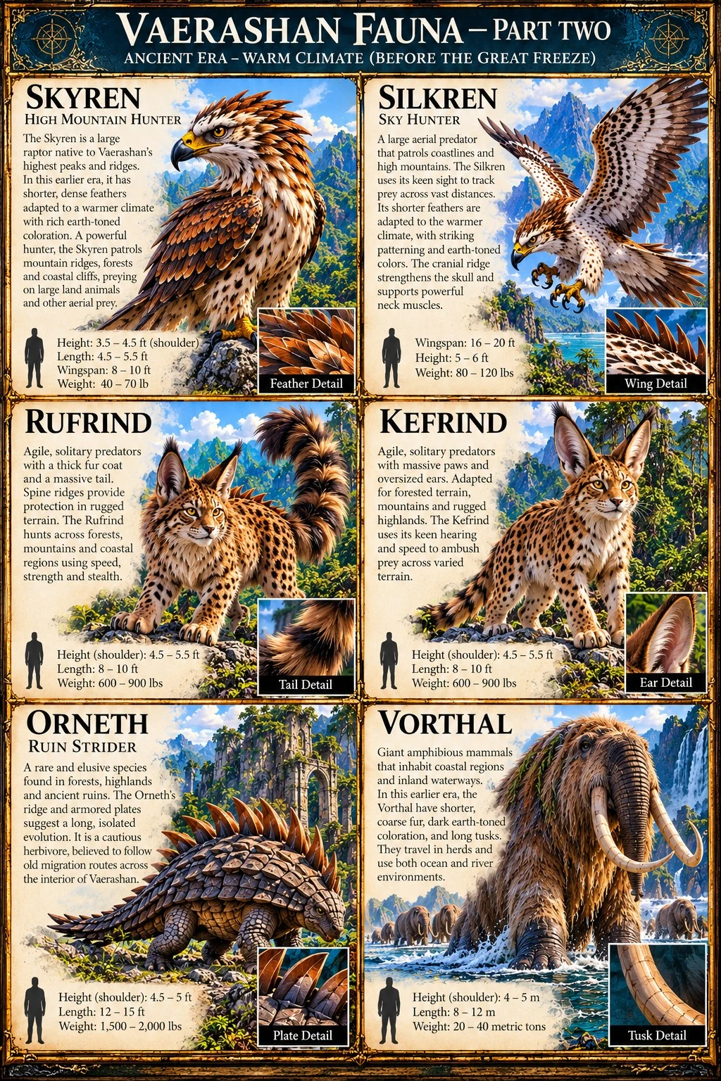 Reference sheet showing six creatures of ancient Vaerashan, including Skyren, Silkren, Orneth, and Vorthal, with anatomical details and size comparisons.