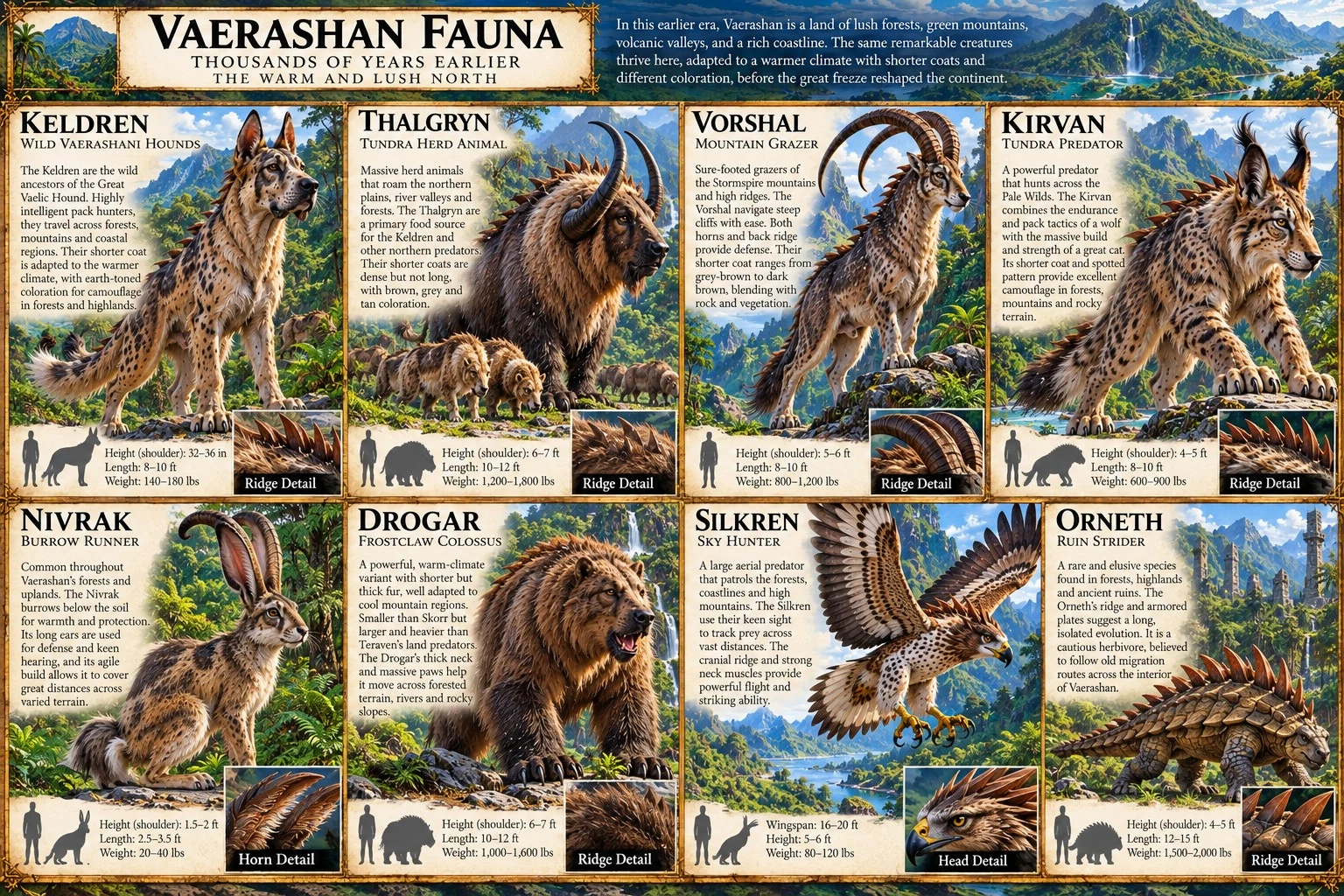 Eight creatures of ancient Vaerashan shown in warm forest and mountain habitats, with anatomical details and size comparisons.
