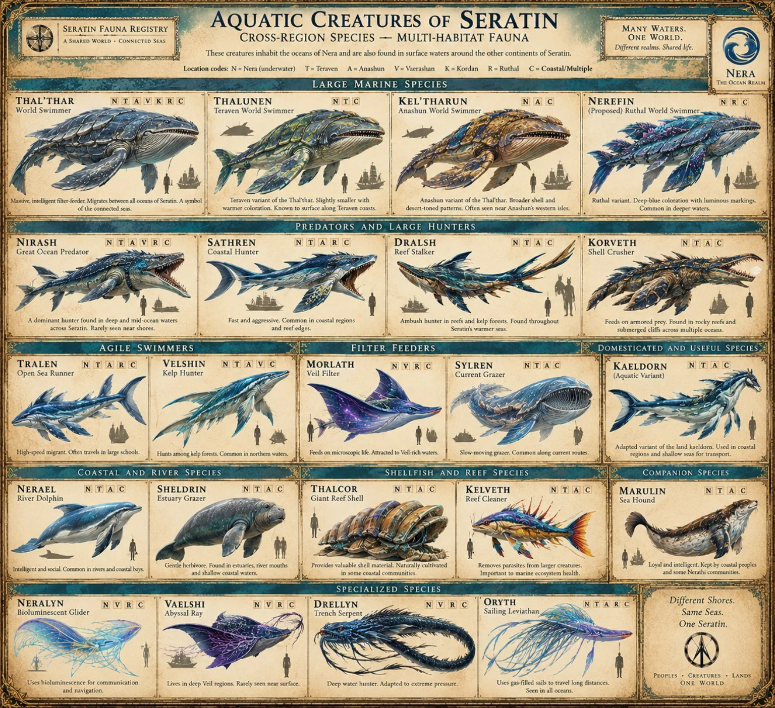 Cross-region aquatic fauna reference sheet showing marine creatures, regional codes, and size comparisons.