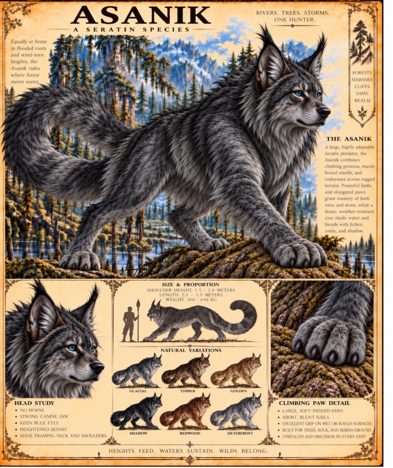 Species reference sheet showing a tufted-eared, long-tailed mountain animal with head studies, coat variations, climbing paws, and scale comparisons.