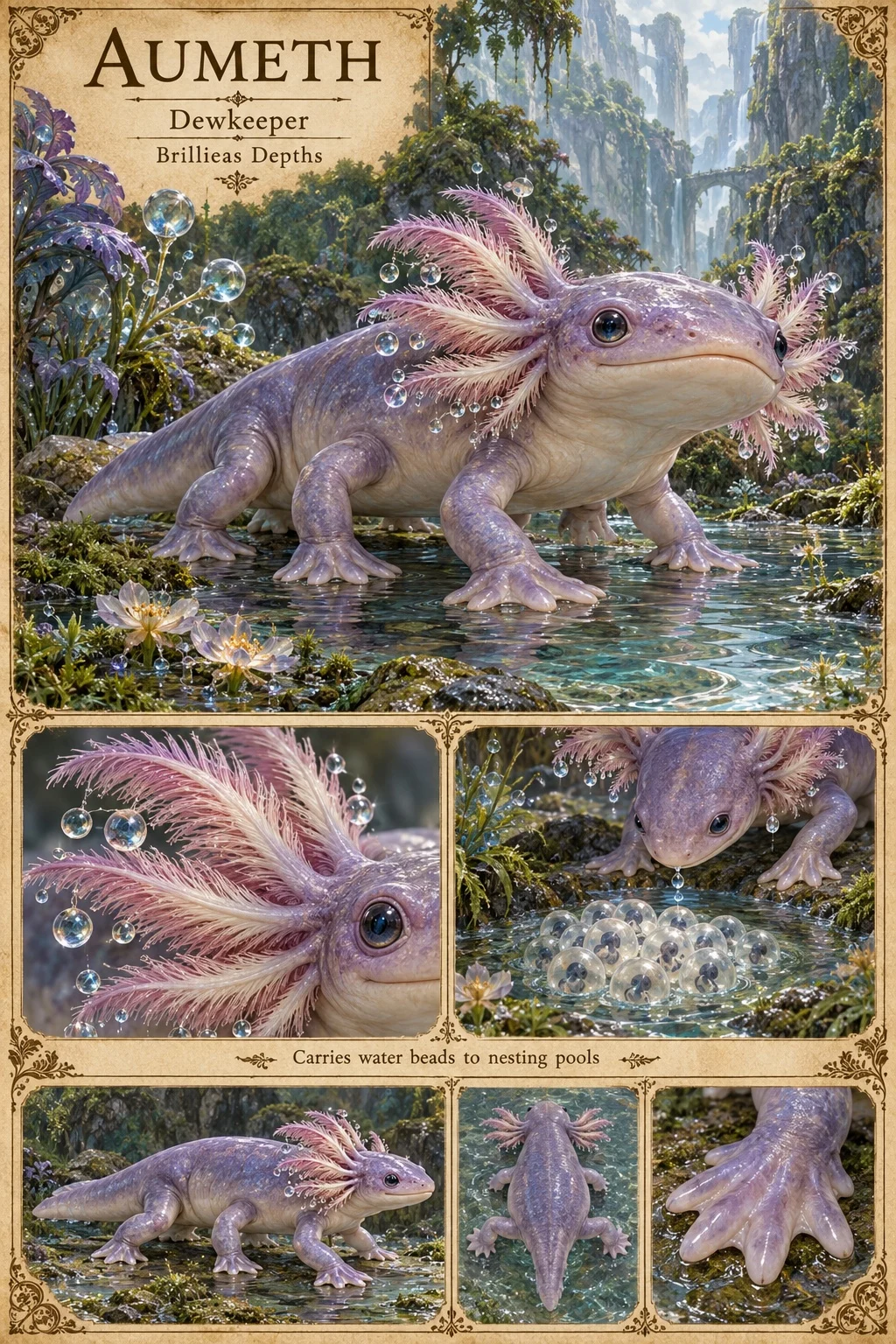Aumeth, a lilac, axolotl-like amphibian of the Brillieas Depths with feathery pink gill fronds hung with clear water beads, wades through a shallow stream among glowing flowers below cliffs and waterfalls. Studies show its gill fronds, the animal laying water beads in a nesting pool, a side view, a top view and its webbed foot. It carries water beads to nesting pools.