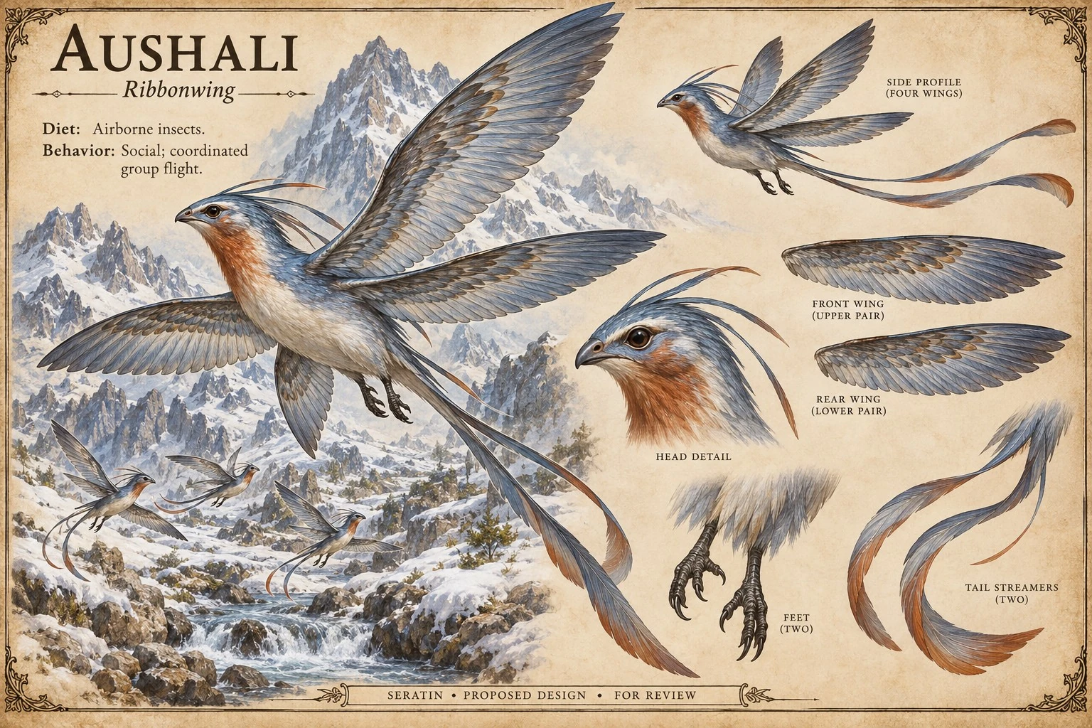 Fauna reference sheet showing Aushali — Ribbonwing with appearance and anatomical detail studies.