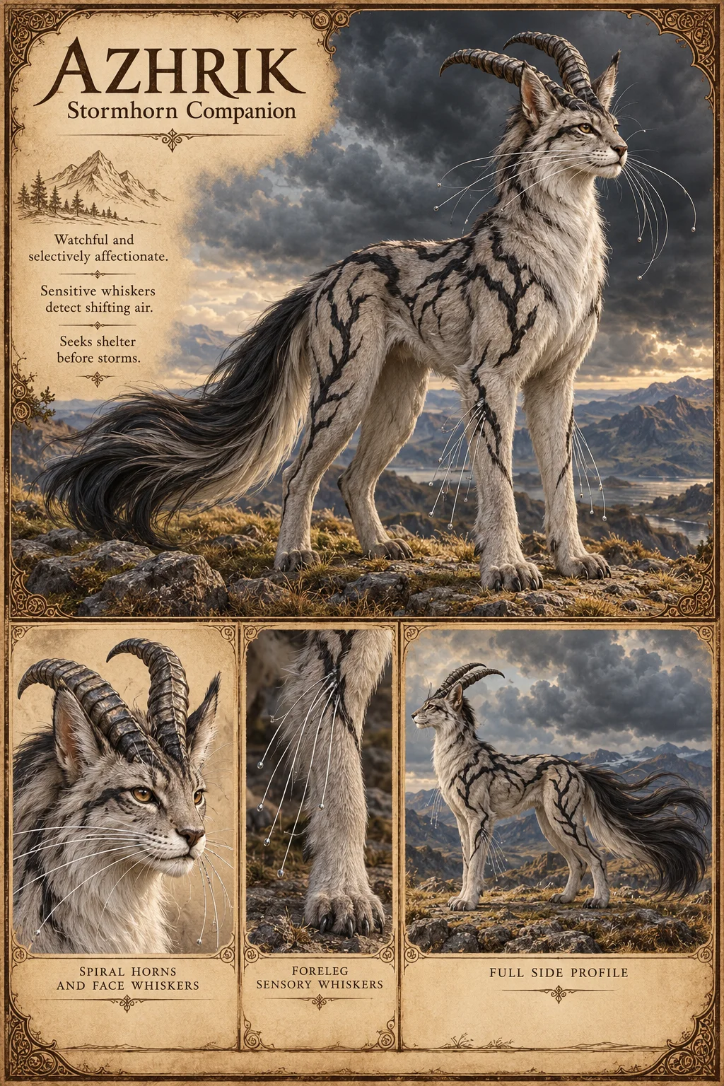 Azhrik, a pale, dark-veined Stormhorn companion with spiral horns, long whiskers and a dark plumed tail, stands on a ridge under storm clouds, with horn and face whisker, foreleg sensory whisker and full side profile studies. Watchful and selectively affectionate; its whiskers detect shifting air, and it seeks shelter before storms.
