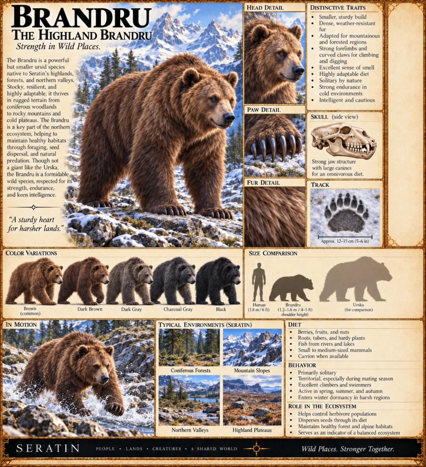 A brown Highland Brandru with head, paw, skull, coat variation, habitat, and size comparison studies.