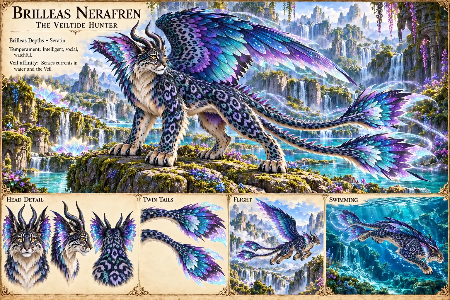 The Brilleas Nerafren, a winged, lynx-like hunter of the Brillieas Depths with a cream ruff, curved dark horns and a lilac-spotted coat, stands on a mossy outcrop among waterfalls, its violet and teal feathered wings raised and its two feather-finned tails trailing behind. Studies show its head from the front, side and back, its twin tails, the animal in flight and swimming underwater. Intelligent, social and watchful, it senses currents in water and the Veil.