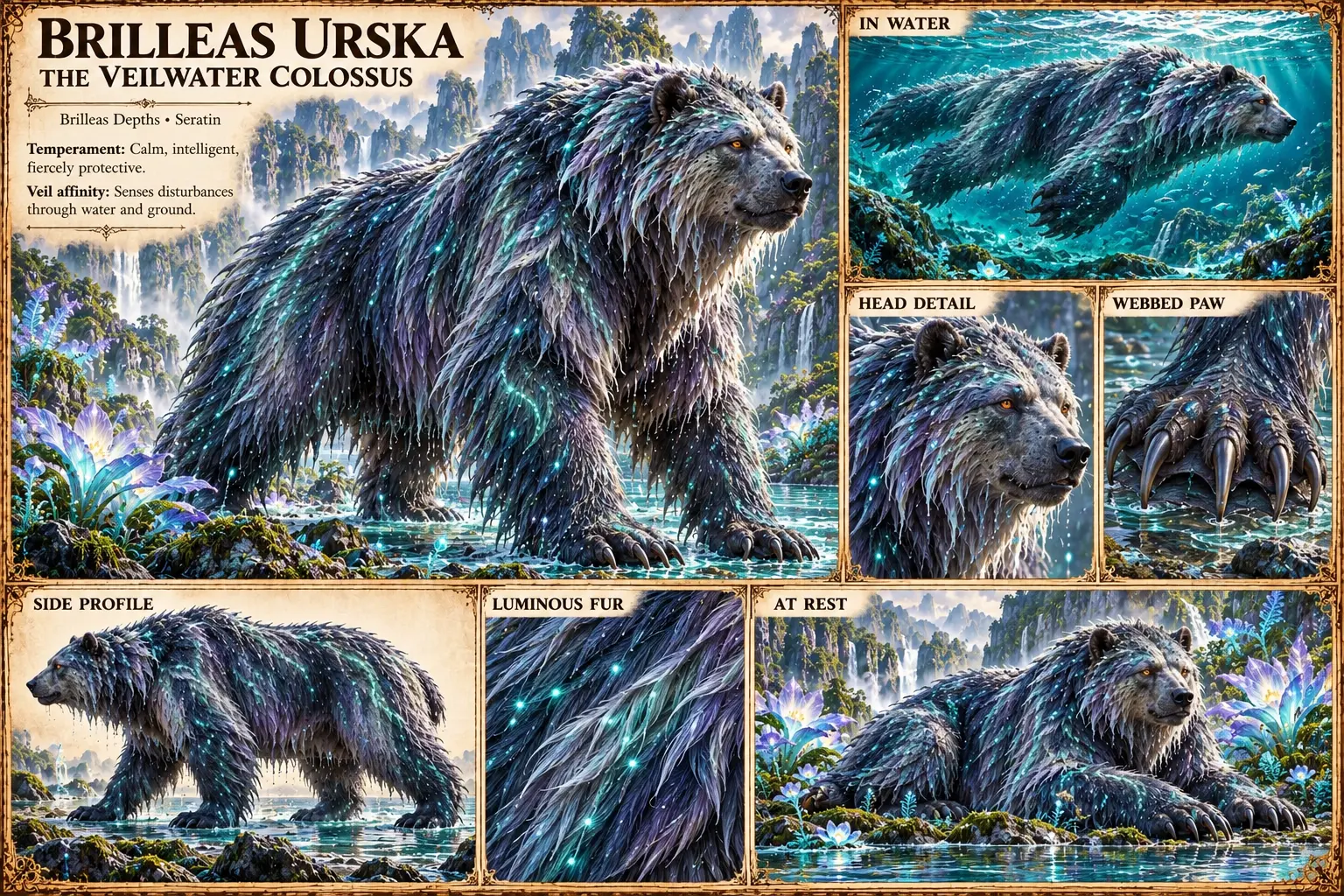 The Brilleas Urska, a huge, bear-like animal of the Brillieas Depths with a long, dripping grey-blue coat flecked with glowing teal lights, wades through shallow water below cliffs and waterfalls. Studies show it swimming underwater, its head, a clawed, webbed paw, a side profile, its luminous fur and the animal at rest among glowing flowers. Calm, intelligent and fiercely protective, it senses disturbances through water and ground.