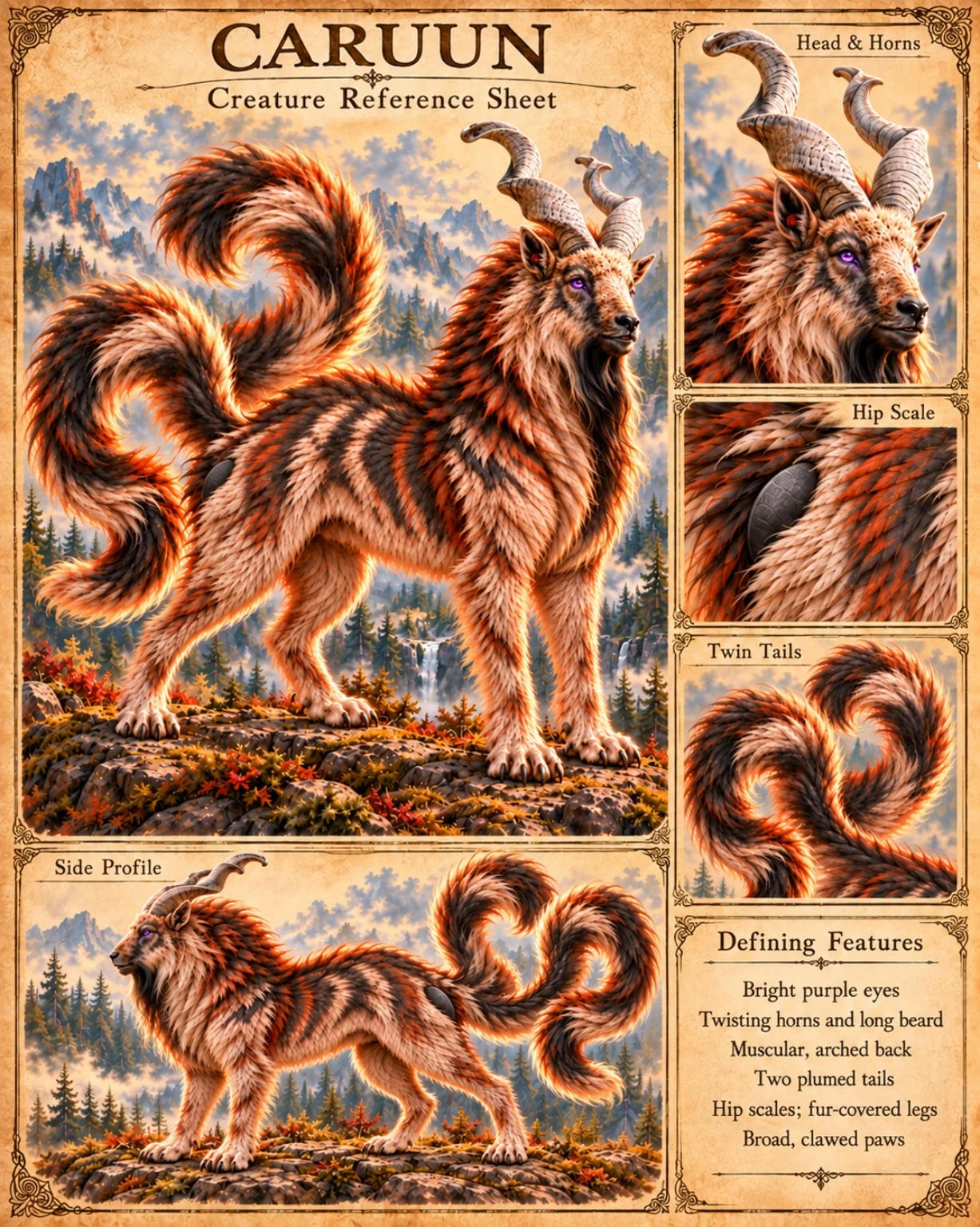 Reference plate showing the orange-and-black striped Caruun with curved horns and twin tails, with head, horn, tail, and side-profile studies.
