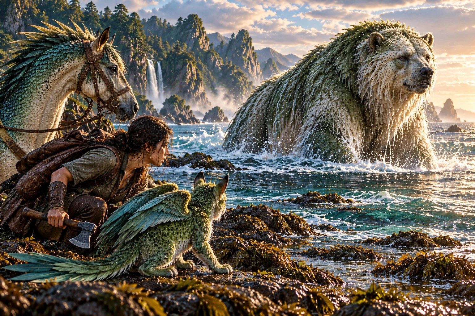 A traveler, a feathered mount, and a small winged companion watch an enormous whiskered sea creature rise near a rocky shore.