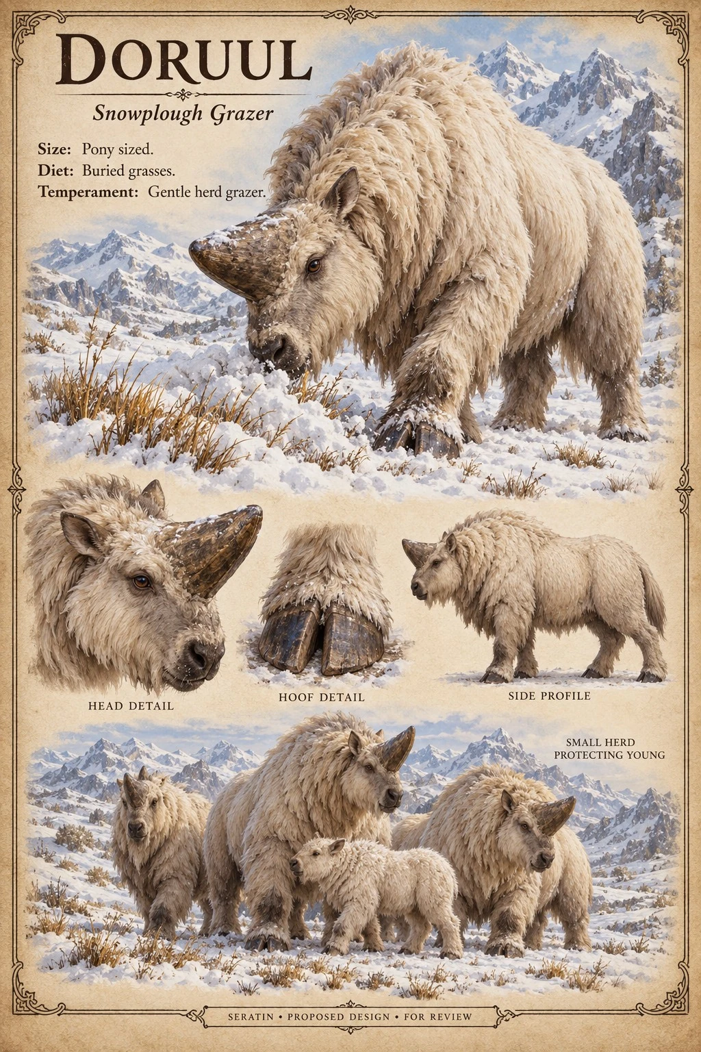 Fauna reference sheet showing Doruul — Snowplough Grazer with appearance and anatomical detail studies.