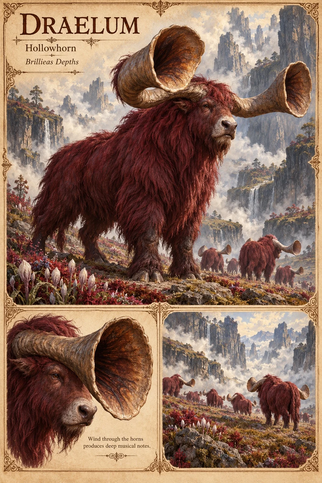 Draelum, a shaggy, crimson-coated grazer of the Brillieas Depths with huge, hollow, trumpet-shaped horns, stands on a heather-covered slope among misty cliffs while its herd grazes behind it. Studies show its head and horn and the herd crossing the high slopes. Wind through the horns produces deep musical notes.