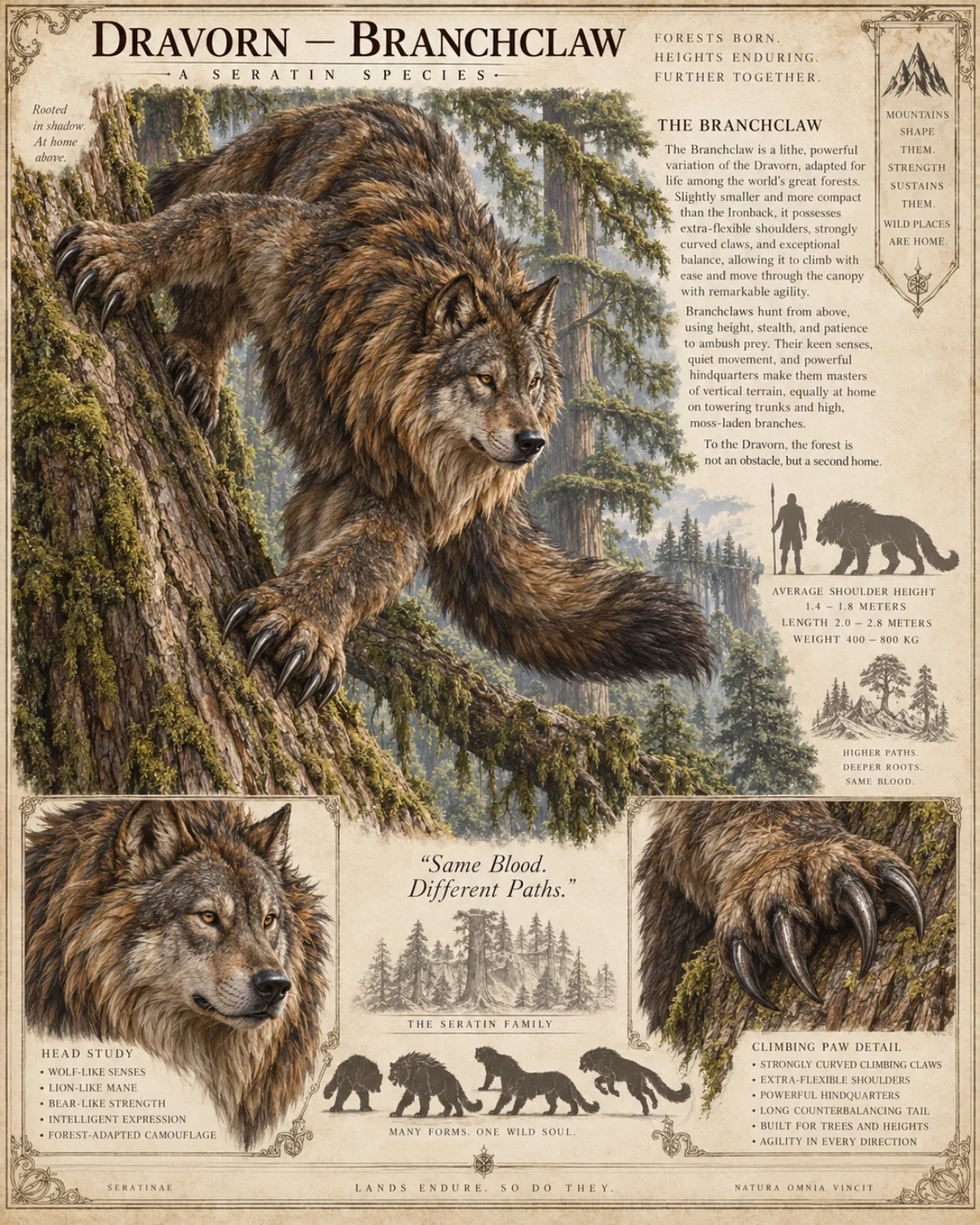 Fauna reference plate showing a Dravorn climbing a tree in a forest, with head, curved climbing claws, and size studies.
