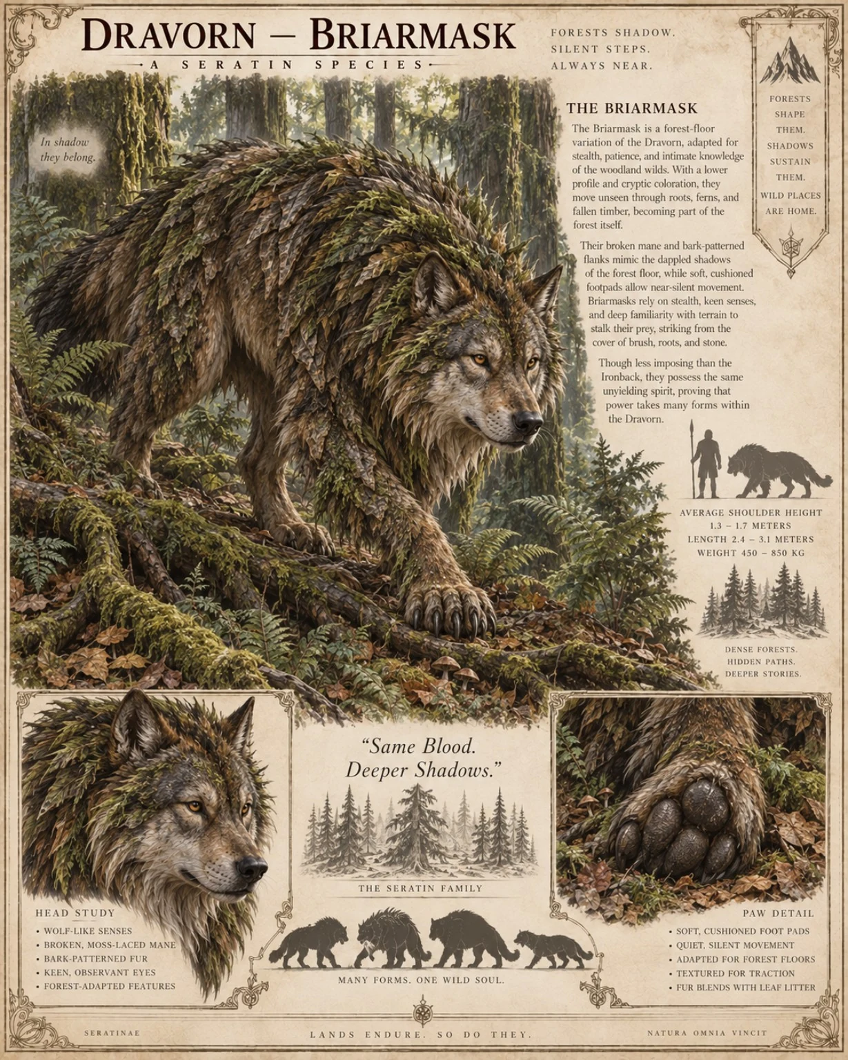 Fauna reference plate showing a dark, moss-flecked Dravorn moving through dense woodland, with head, paw, and size studies.