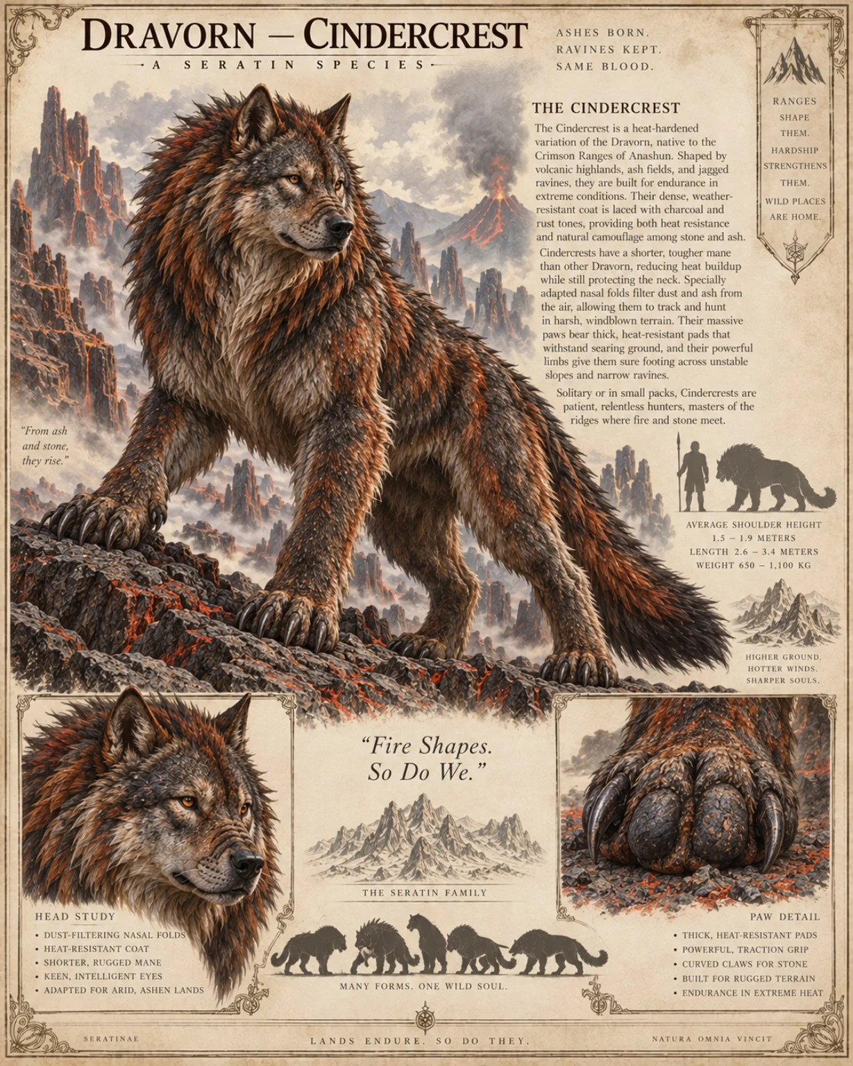 Fauna reference plate showing a dark Dravorn with reddish fur in a volcanic landscape, with head, paw, and size studies.