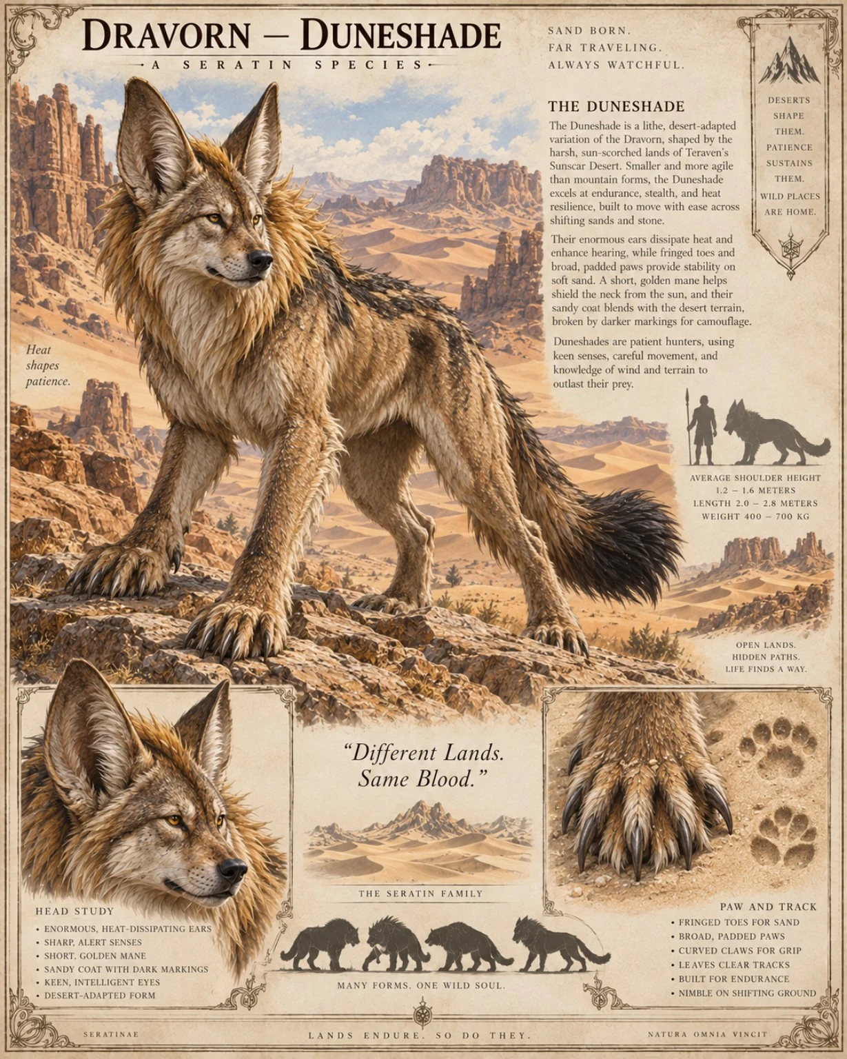 Fauna reference plate showing a sandy-coated Dravorn in an arid canyon landscape, with head, paw, track, and size studies.