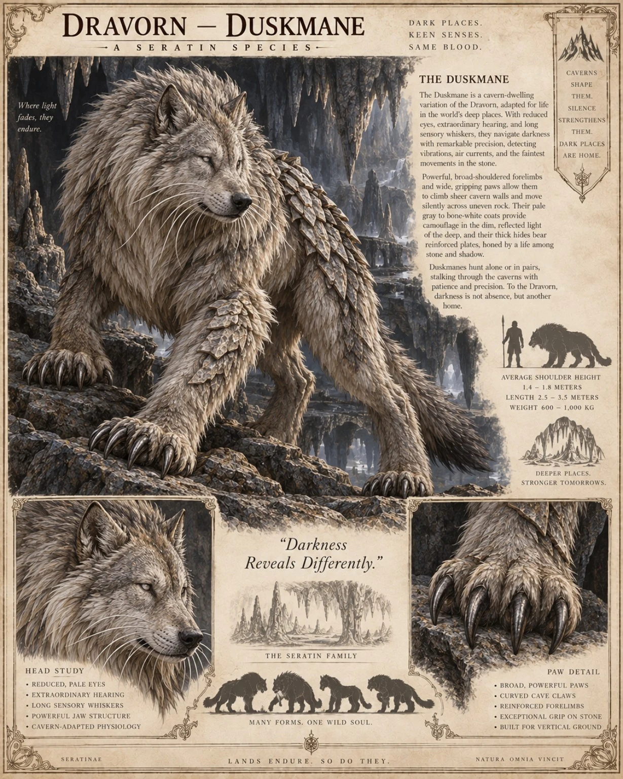 Fauna reference plate showing a gray, shaggy Dravorn in a shadowed rocky forest, with head, paw, rib, and size studies.