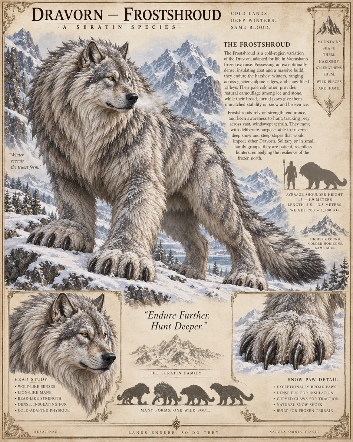 Fauna reference plate showing a pale, thick-furred Dravorn in snowy mountains, with head, paw, and size studies.