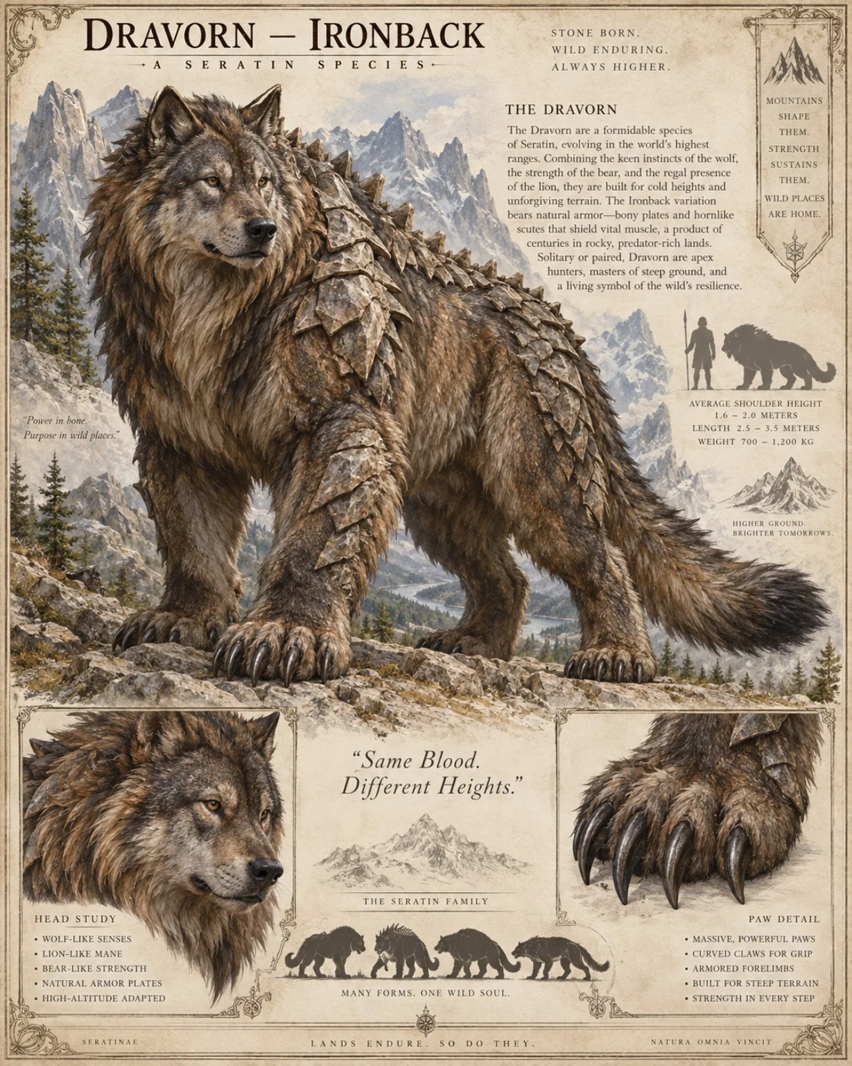 Fauna reference plate showing a heavily built Dravorn with a ridged back in rocky mountains, with head, paw, and size studies.