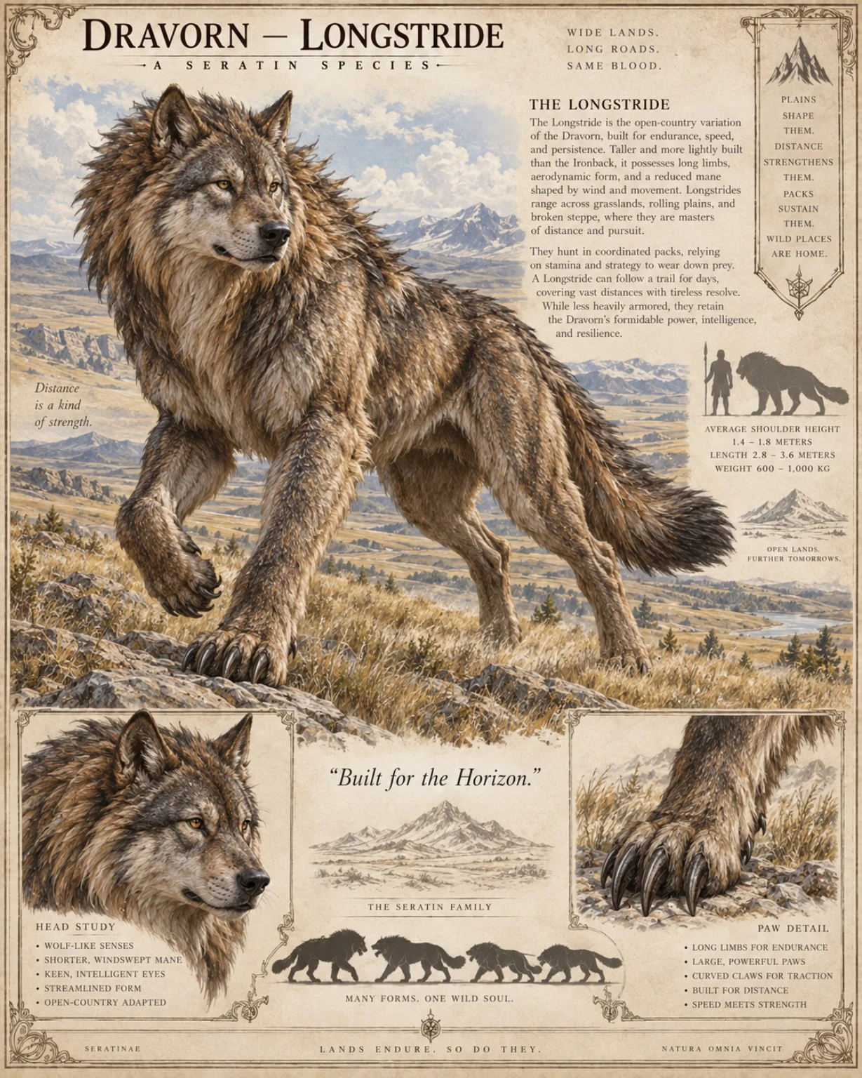 Fauna reference plate showing a long-legged Dravorn crossing open grassland, with head, paw, and size studies.