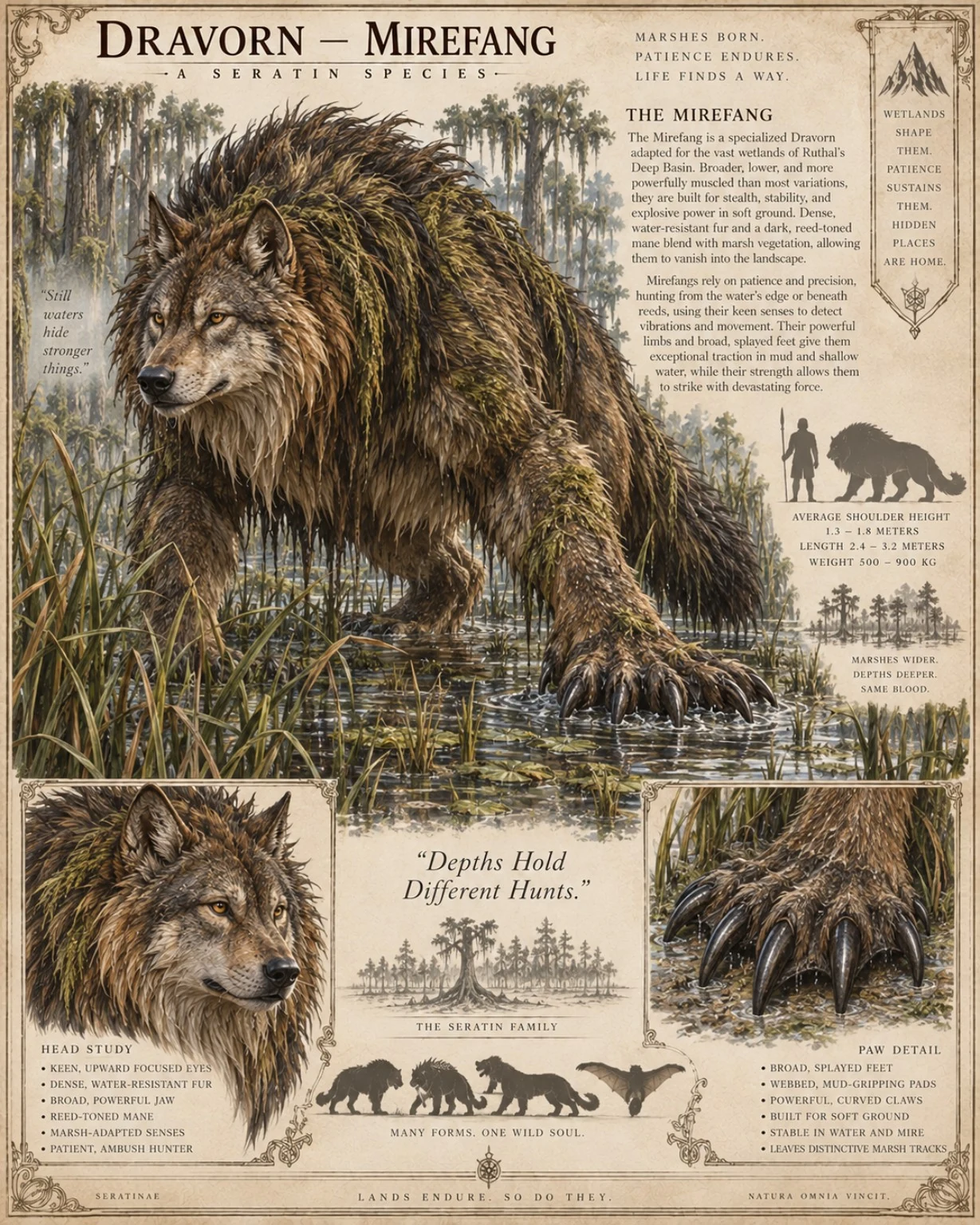 Fauna reference plate showing a shaggy, long-fanged Dravorn stands in marshland, with head, paw, and size studies.