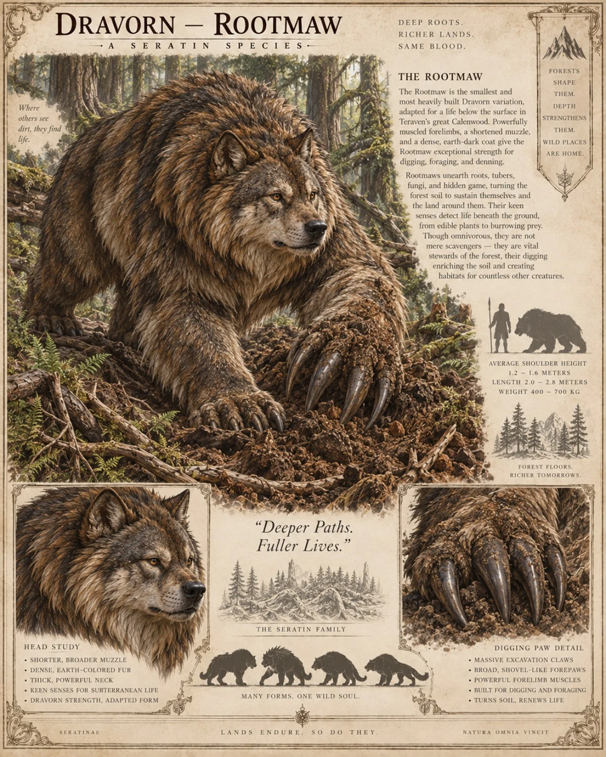 Fauna reference plate showing a heavy-built Dravorn digging among forest roots, with head, long digging claws, and size studies.
