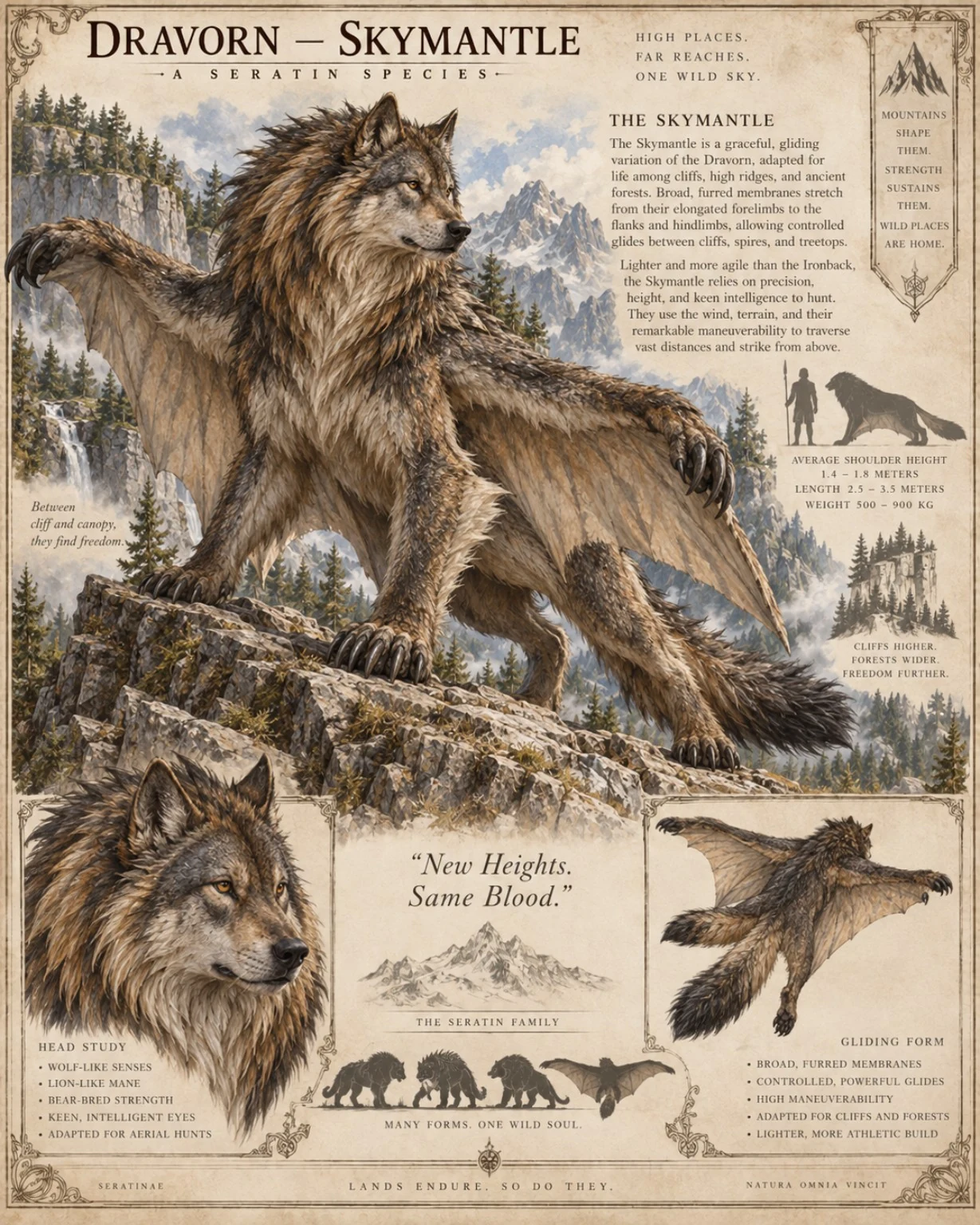 Fauna reference plate showing a Dravorn spreading its gliding membranes on a mountain ledge, with head, membrane, and size studies.