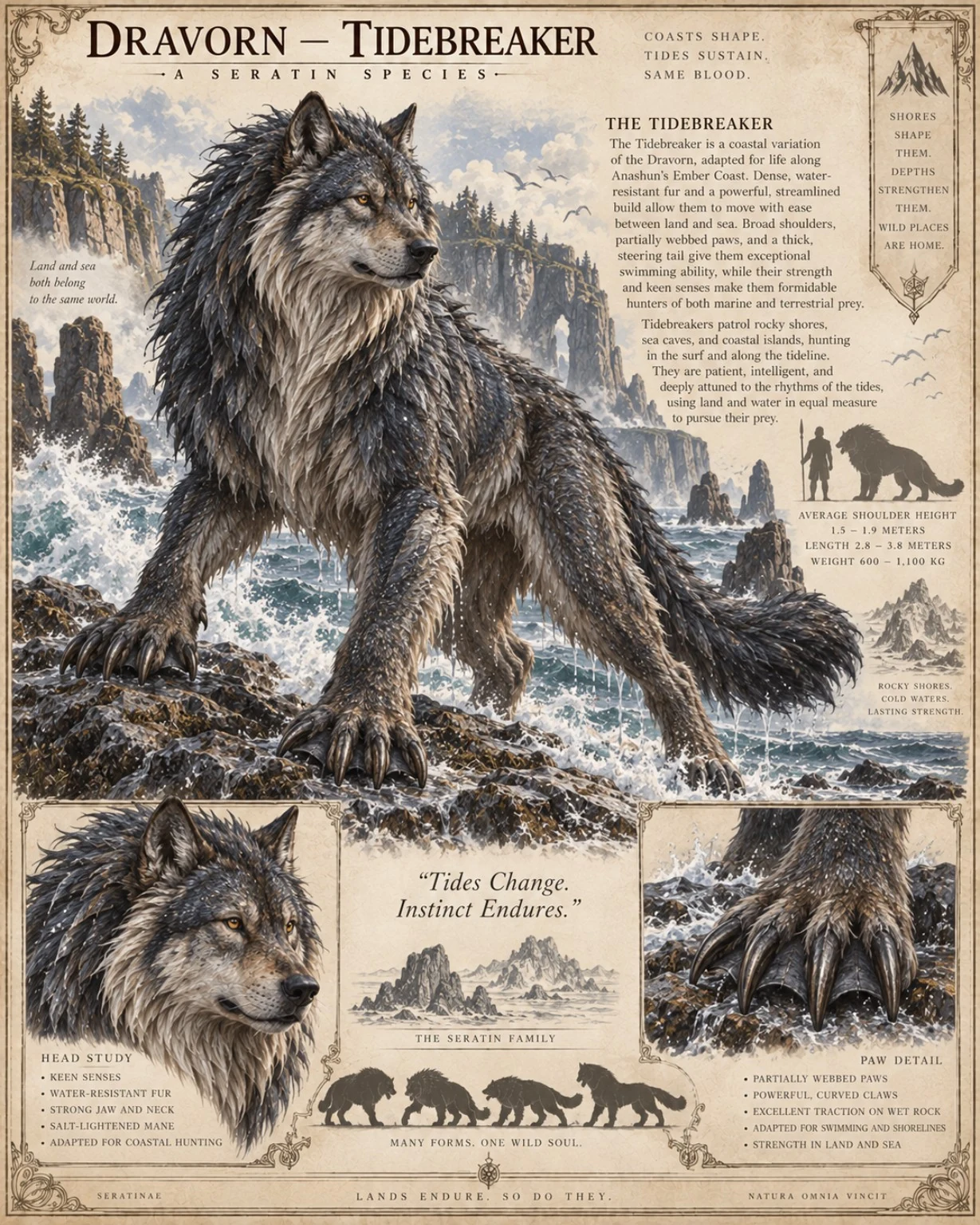 Fauna reference plate showing a dark, shaggy Dravorn on a rocky coast, with head, paw, coastal habitat, and size studies.