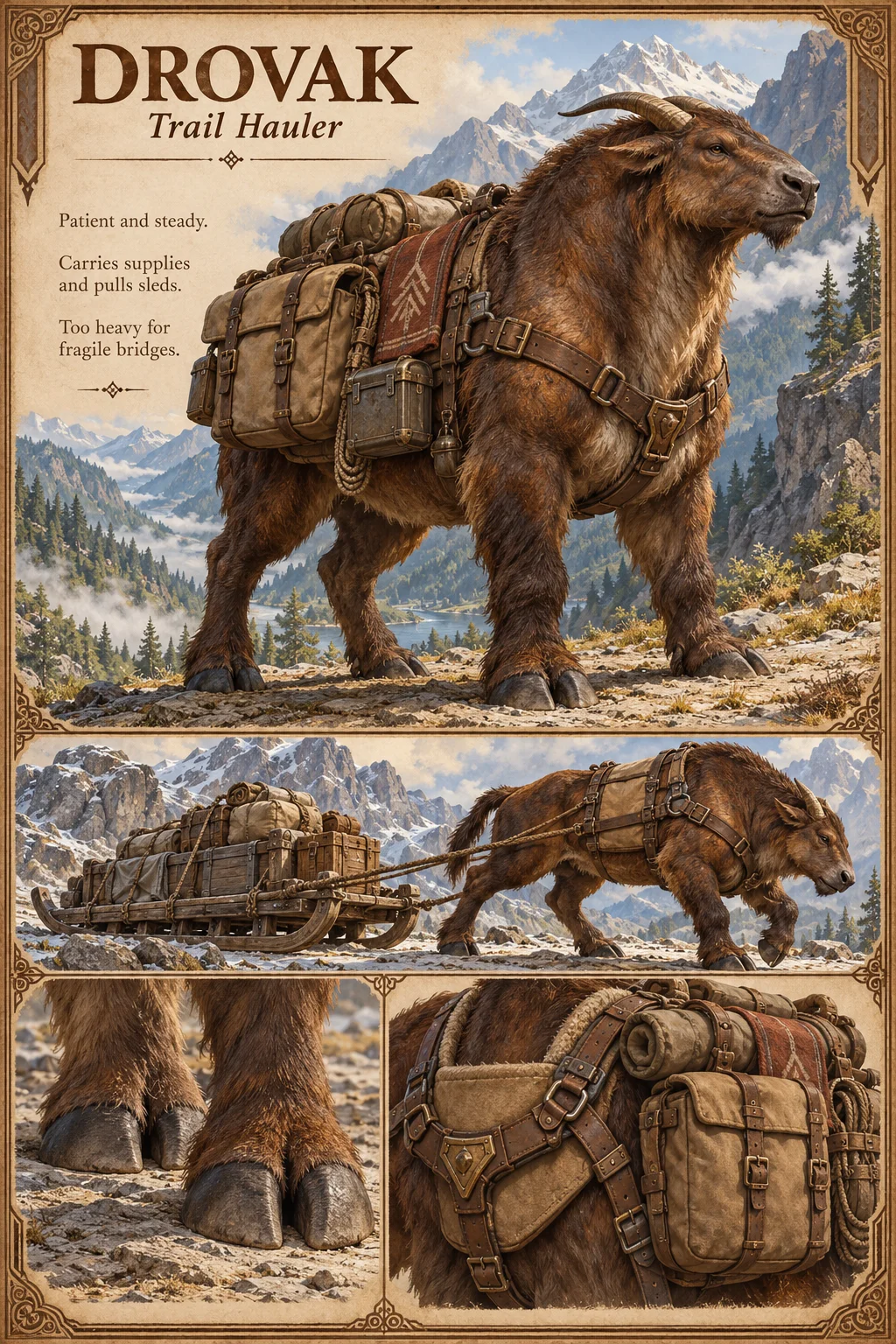 Drovak, a shaggy, russet, curved-horned trail hauler laden with packs, bedroll and rope, stands on a mountain trail, with studies of it pulling a loaded sled, its cloven hooves, and its harness and packs. Patient and steady; it carries supplies and pulls sleds but is too heavy for fragile bridges.