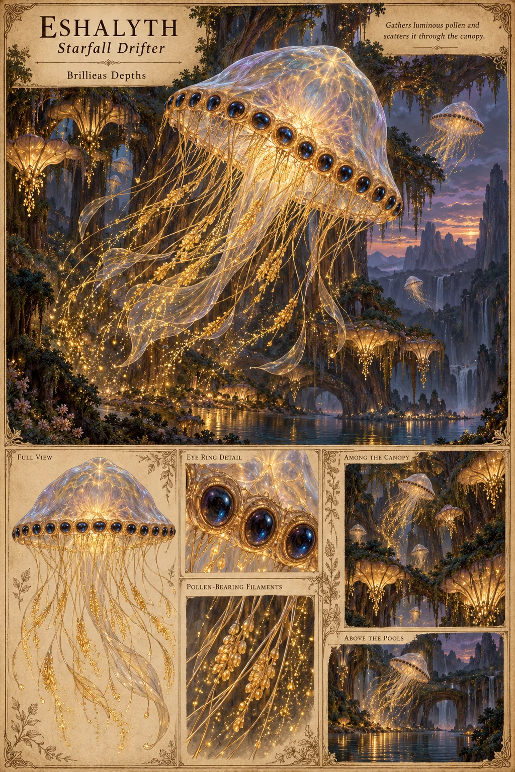 Eshalyth, a translucent, jellyfish-like drifter of the Brillieas Depths with a ring of dark jewel-like eyes around its glowing bell, floats through a lantern-lit forest canopy above still pools, trailing golden, pollen-bearing filaments. Studies show its full view, the eye ring, the pollen-bearing filaments, and drifters among the canopy and above the pools. It gathers luminous pollen and scatters it through the canopy.
