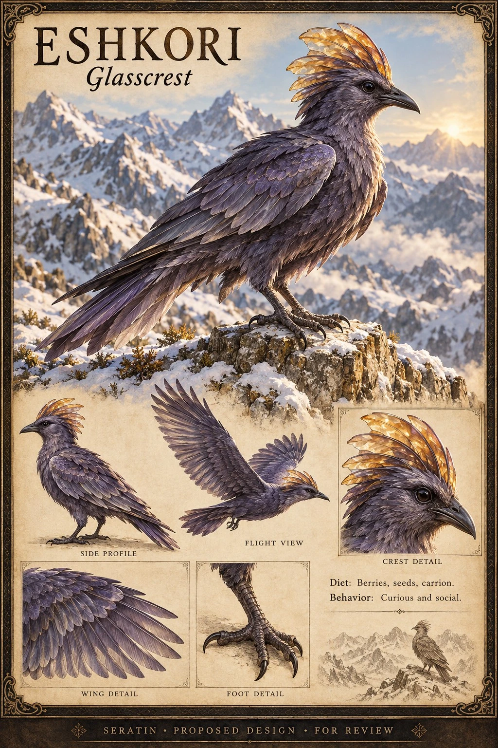 Fauna reference sheet showing Eshkori — Glasscrest with appearance and anatomical detail studies.